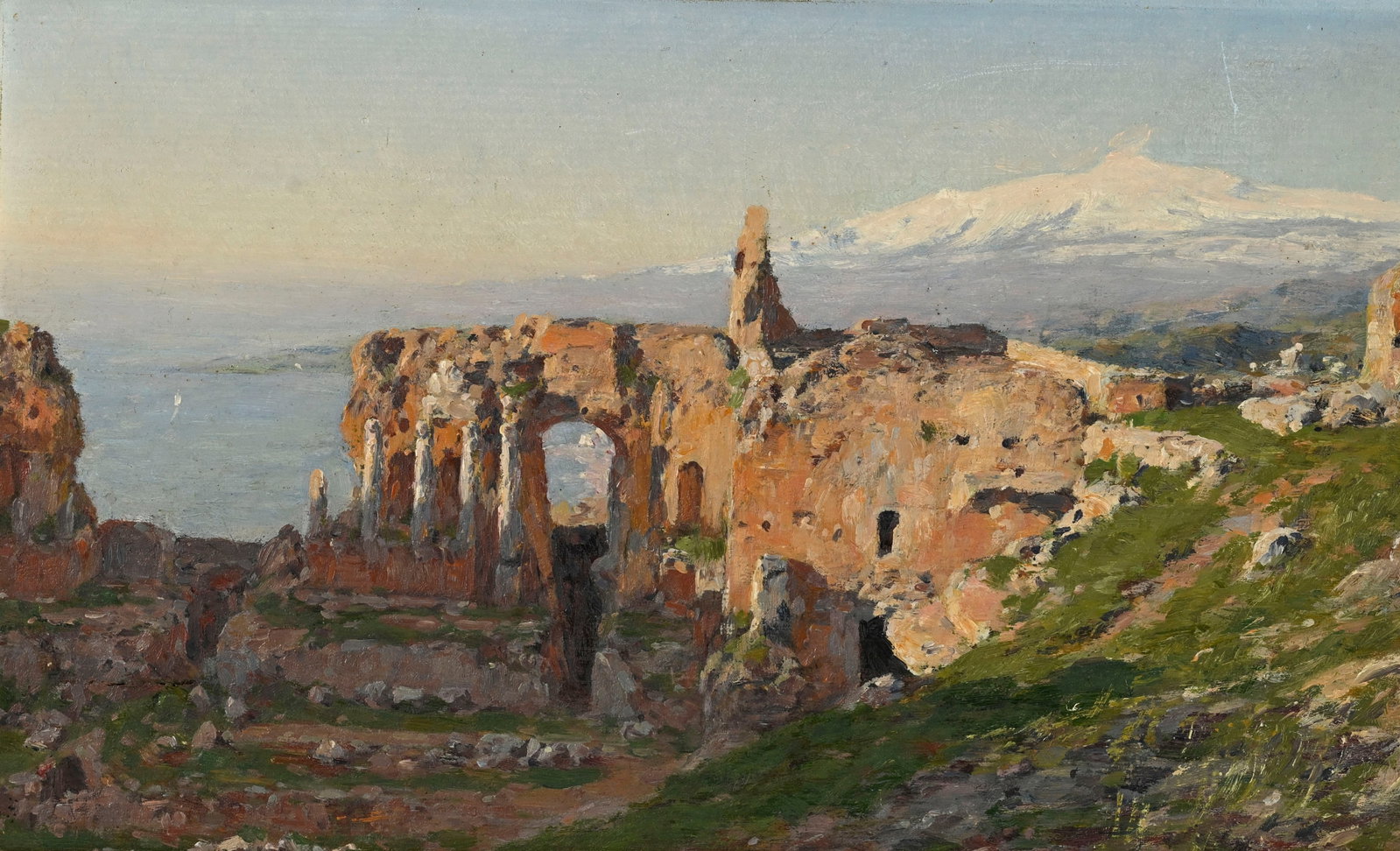 Gustav Heinrich Ott (1828-1912), Ruines du théâtre de Taormina, huile sur panneau, 23,5x39: Gustav Heinrich Ott (1828-1912), Ruines du théâtre de Taormina, huile sur panneau, 23,5x39 cm (à vue) Condition Fissure au panneau avec manque a la couche picturale Traces de