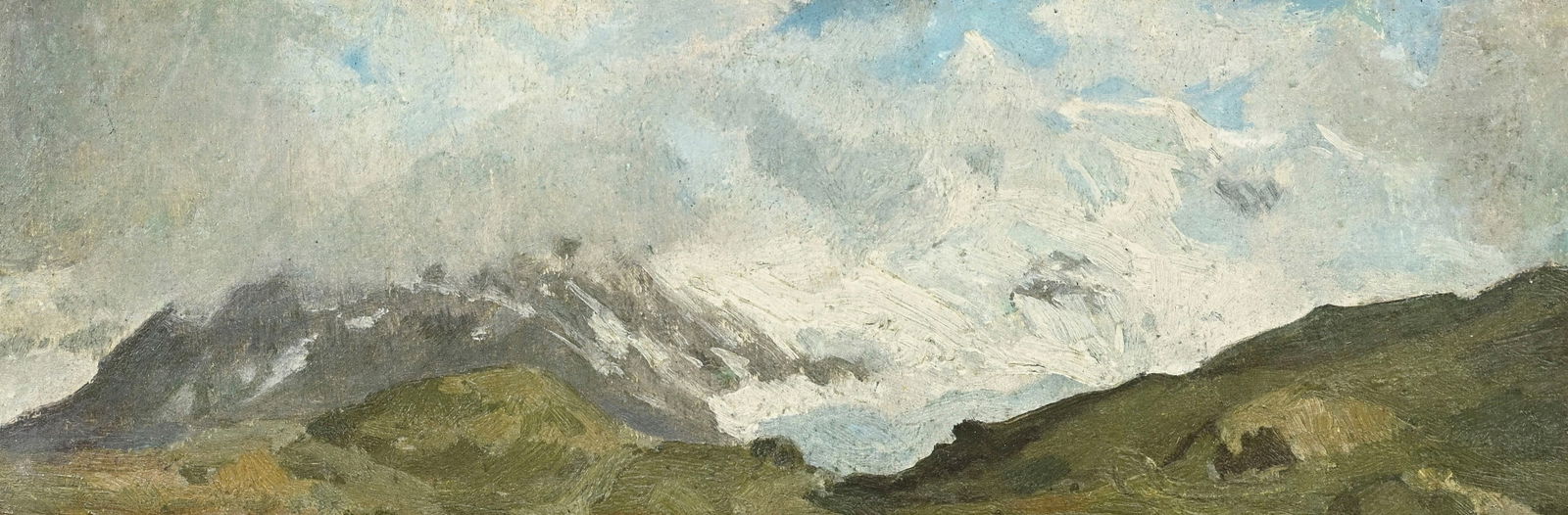 Albert Anker (1831-1910), attribué à, Paysage alpestre, huile sur papier, 11x32 cm: Albert Anker (1831-1910), attribué à, Paysage alpestre, huile sur papier, 11x32 cm