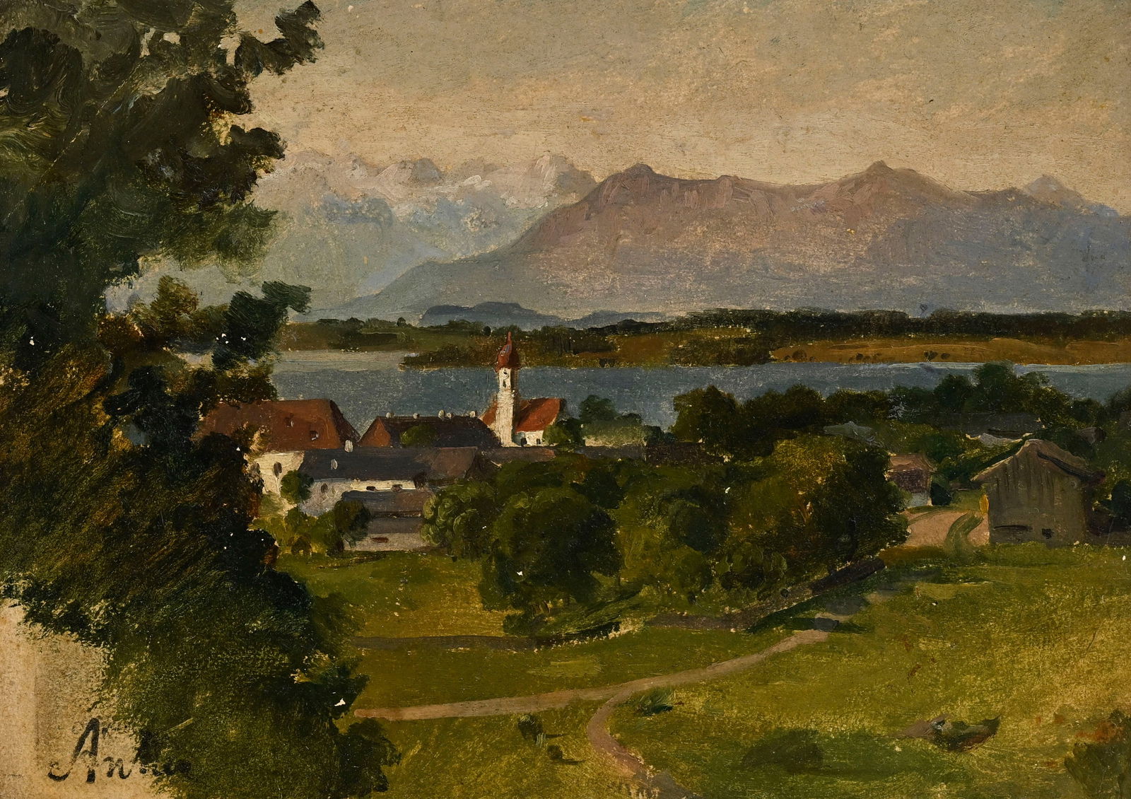 Albert Anker (1831-1910), attribué à, Vue d'un village lacustre, huile sur papier, sign: Albert Anker (1831-1910), attribué à, Vue d'un village lacustre, huile sur papier, signée, 14,5x20 cm (à vue)