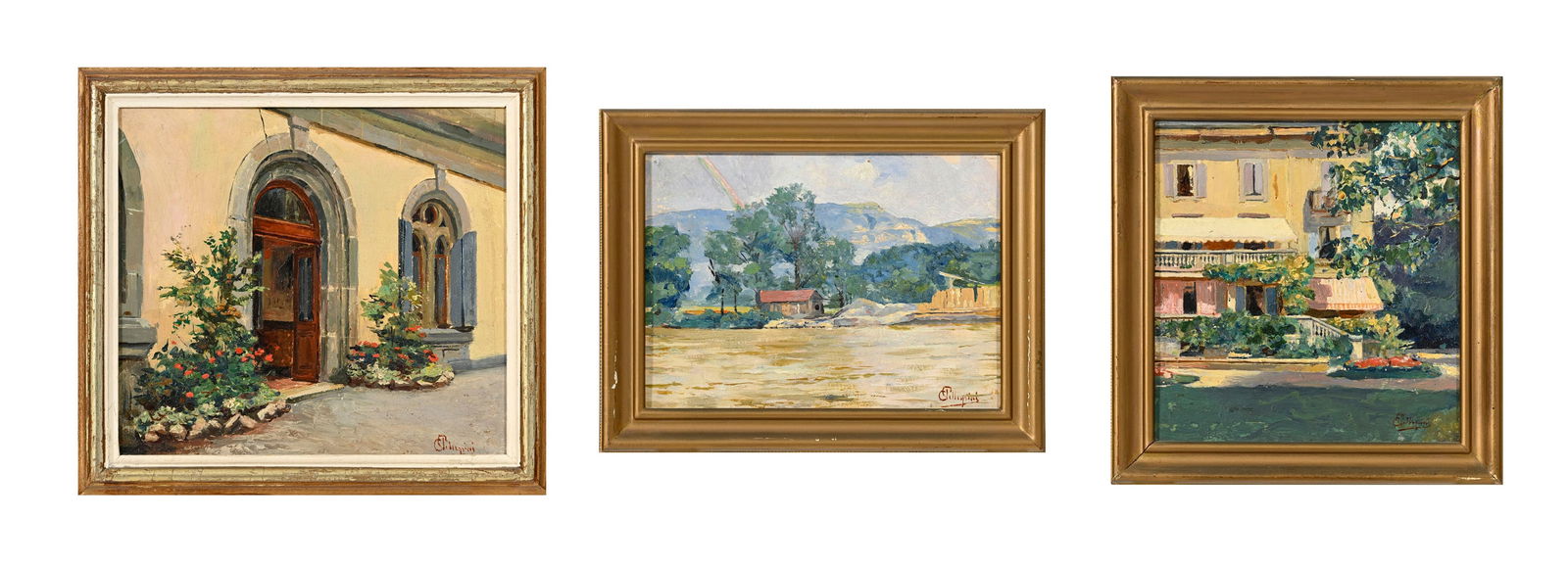Carlo Pellegrini (1866-1937), Vues de Genève, 3 huiles sur carton, signées, 19x18, 15x20,5: Carlo Pellegrini (1866-1937), Vues de Genève, 3 huiles sur carton, signées, 19x18, 15x20,5 et 19x21,5 cm