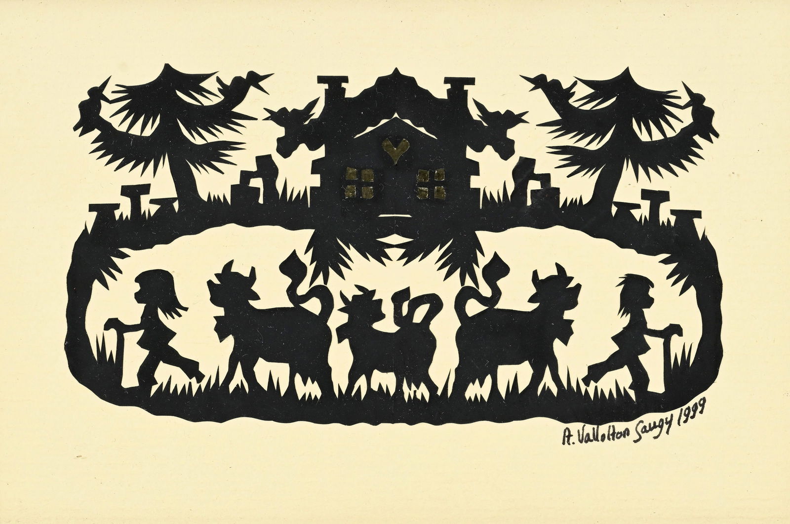 Anne-Marie Vallotton-Saugy (1950), Scène d'alpage, 1999, découpage sur papier, signé : Anne-Marie Vallotton-Saugy (1950), Scène d'alpage, 1999, découpage sur papier, signé et daté, 13,5x7,5 cm