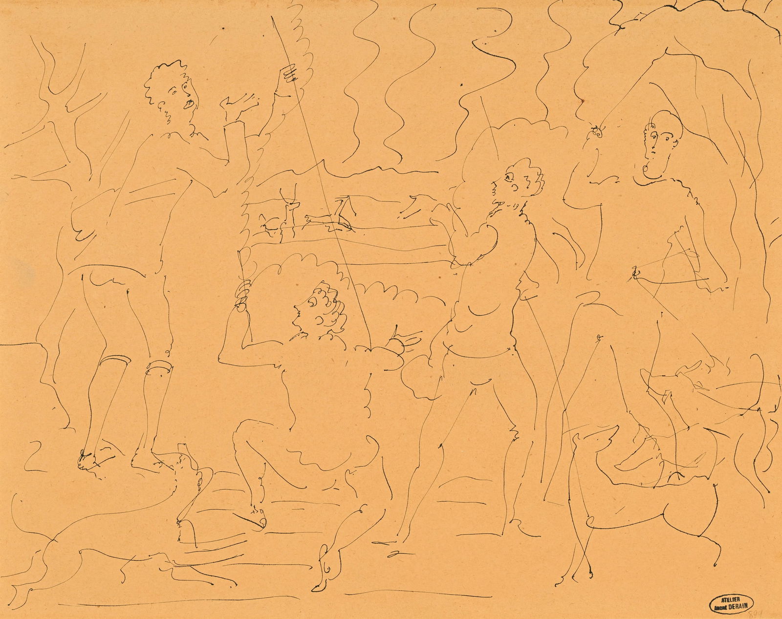 André Derain (1880-1954), Scène de chasse, plume et encre sur papier, cachet de l’at: André Derain (1880-1954), Scène de chasse, plume et encre sur papier, cachet de l’atelier, 31x39,5 cm (à vue) Provenance: Collection d'un amateur d'art proche des héritiers P