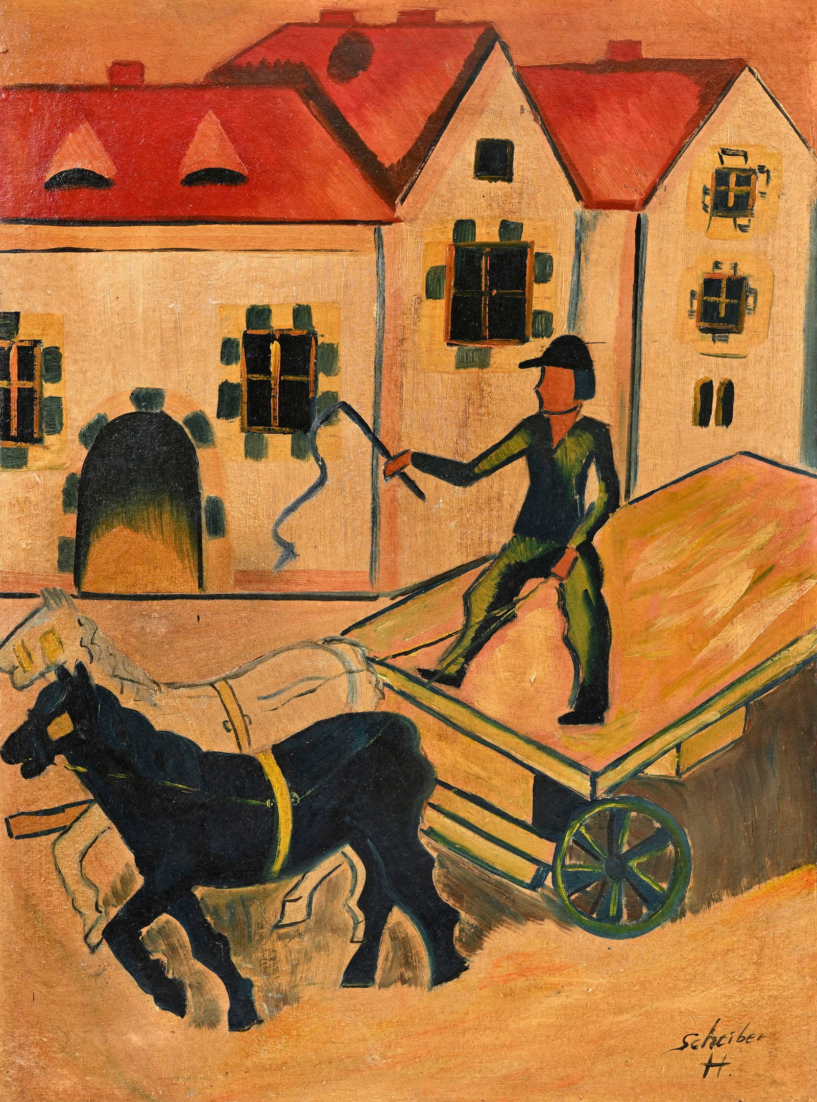 Hugo Scheiber (1873-1950), Paysan dirigeant son attelage, huile sur carton, signée, 62,5x46,5 c: Hugo Scheiber (1873-1950), Paysan dirigeant son attelage, huile sur carton, signée, 62,5x46,5 cm (à vue) Provenance: acquis il y a plus de 20 ans