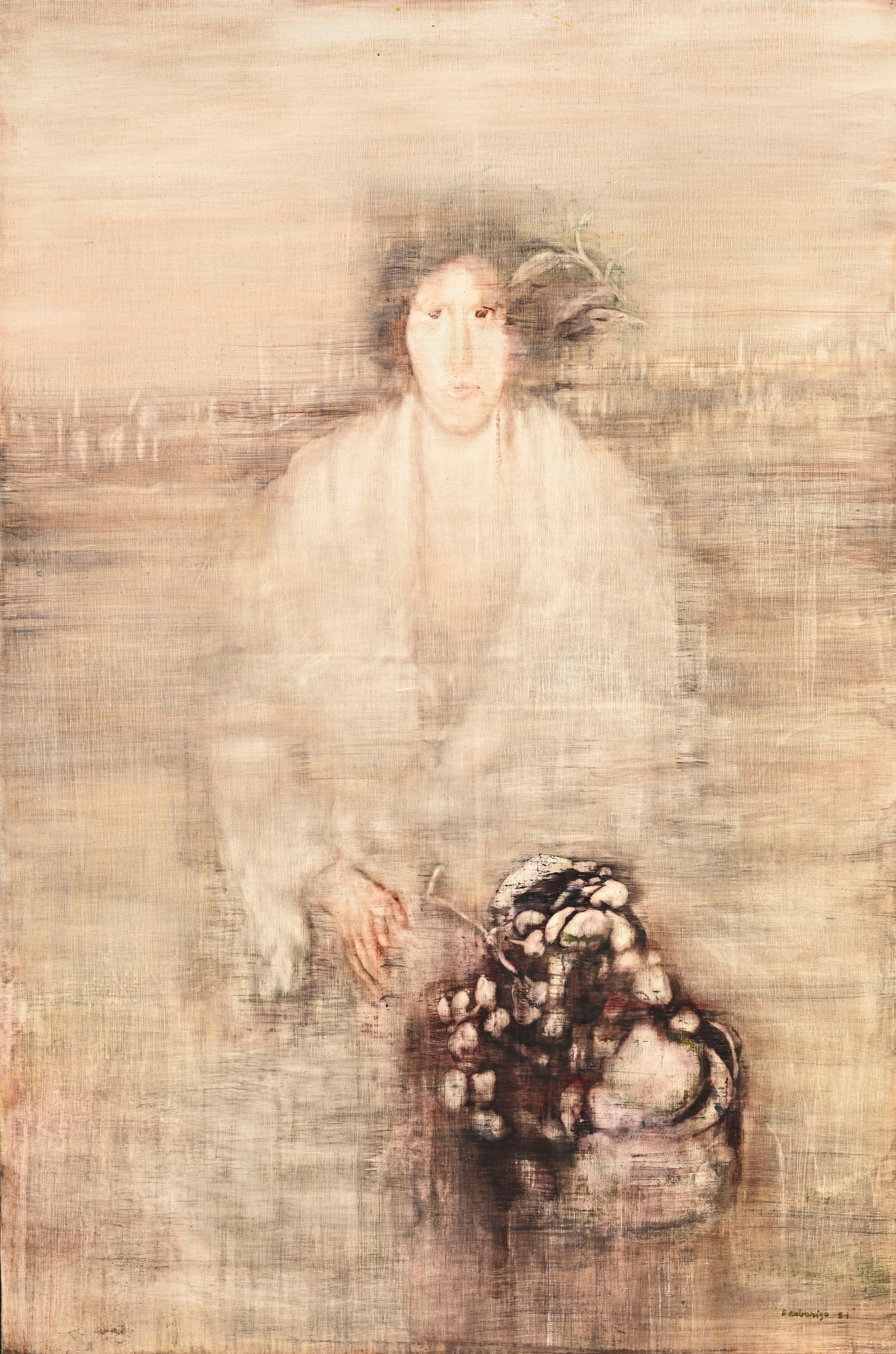 Ida Barbarigo (1925-2018), "Erma (Autoportrait)", 1981, huile sur toile, signée et datée, : Ida Barbarigo (1925-2018), "Erma (Autoportrait)", 1981, huile sur toile, signée et datée, 146x97 cm Condition Bon état général Le montage semble d'origine Au vent
