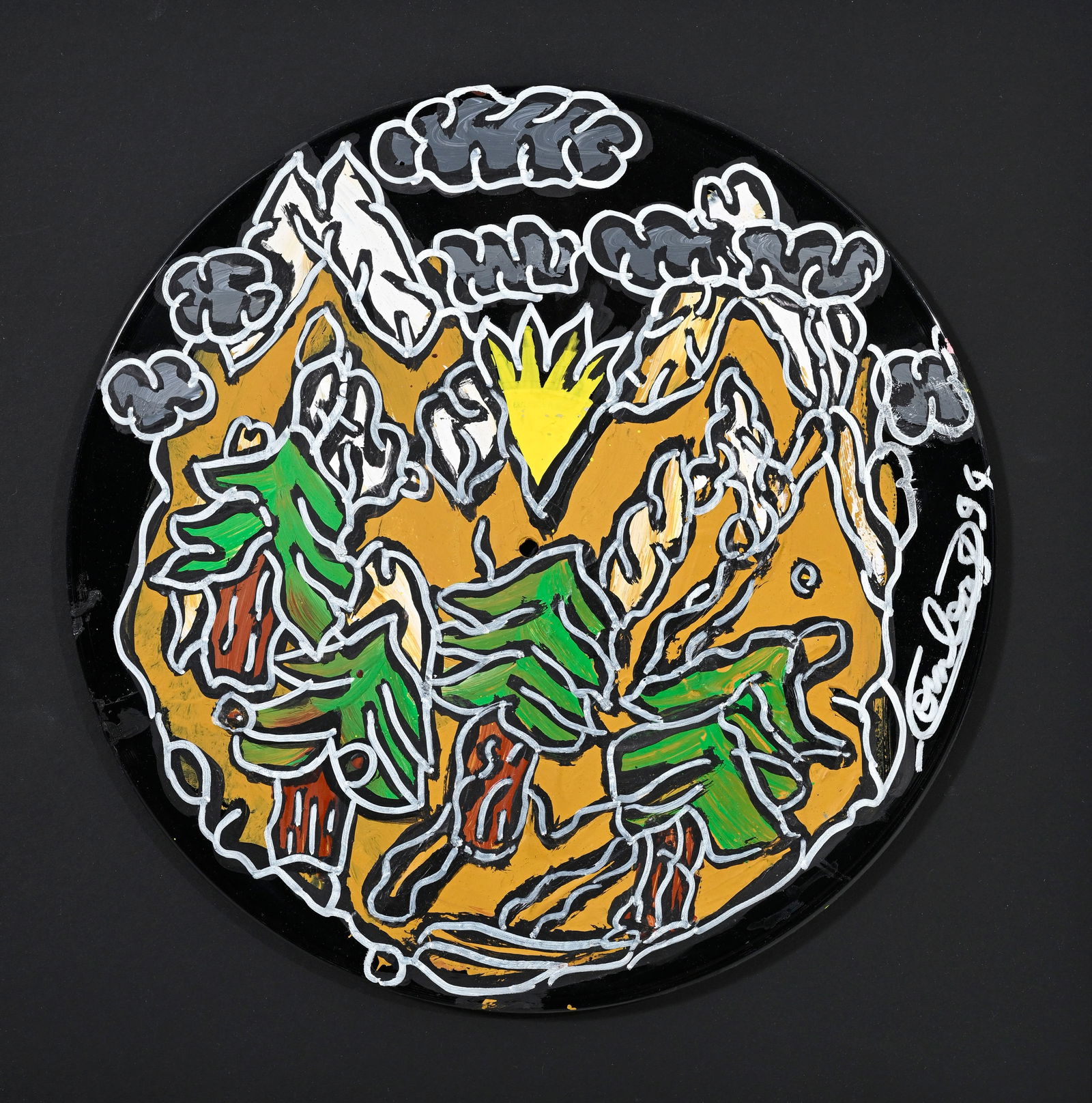 Robert Combas (1957), Paysage forestier, 1994, acrylique sur disque vinyle, signée et daté: Robert Combas (1957), Paysage forestier, 1994, acrylique sur disque vinyle, signée et datée, diam. 30 cm Provenance: Galerie Moser, Genève Condition Excellent état g&