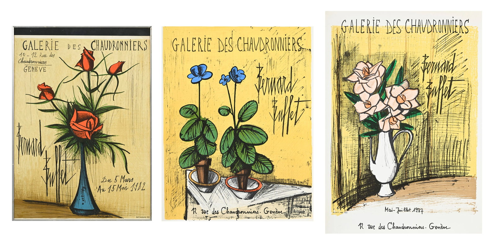 Bernard Buffet (1928-1999) , d'après, "Galerie des Chaudronniers", lot de 3 affiches imprim: Bernard Buffet (1928-1999) , d'après, "Galerie des Chaudronniers", lot de 3 affiches imprimées par Mourlot, Paris, 66,5x52, 66,5x50 et 76x58 cm