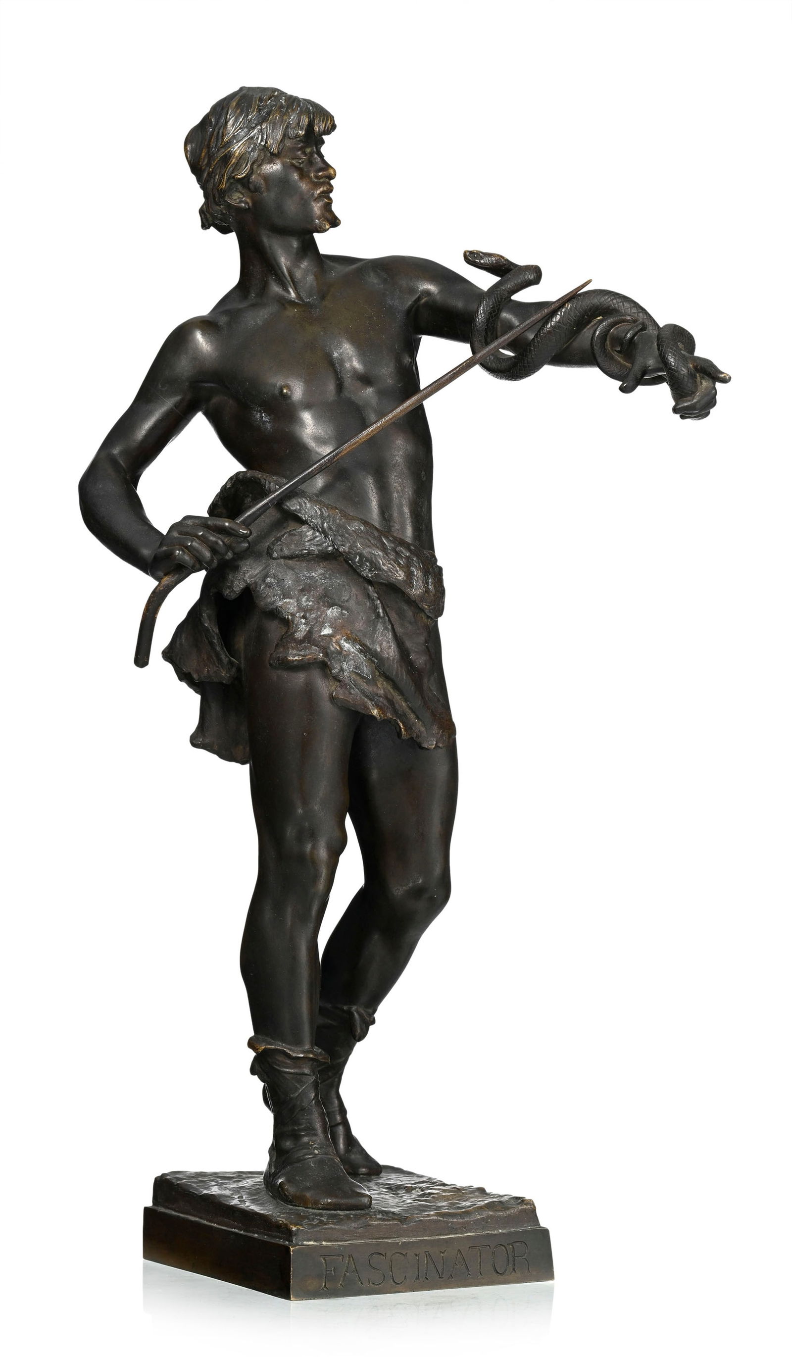 Eugène Marioton (1854-1933), Fascinator, bronze à patine brune, signé sur le socle, c: Eugène Marioton (1854-1933), Fascinator, bronze à patine brune, signé sur le socle, cachet fondeur Siot-Decauville, numéro cacheté dans la masse N843, h. 52 cm P