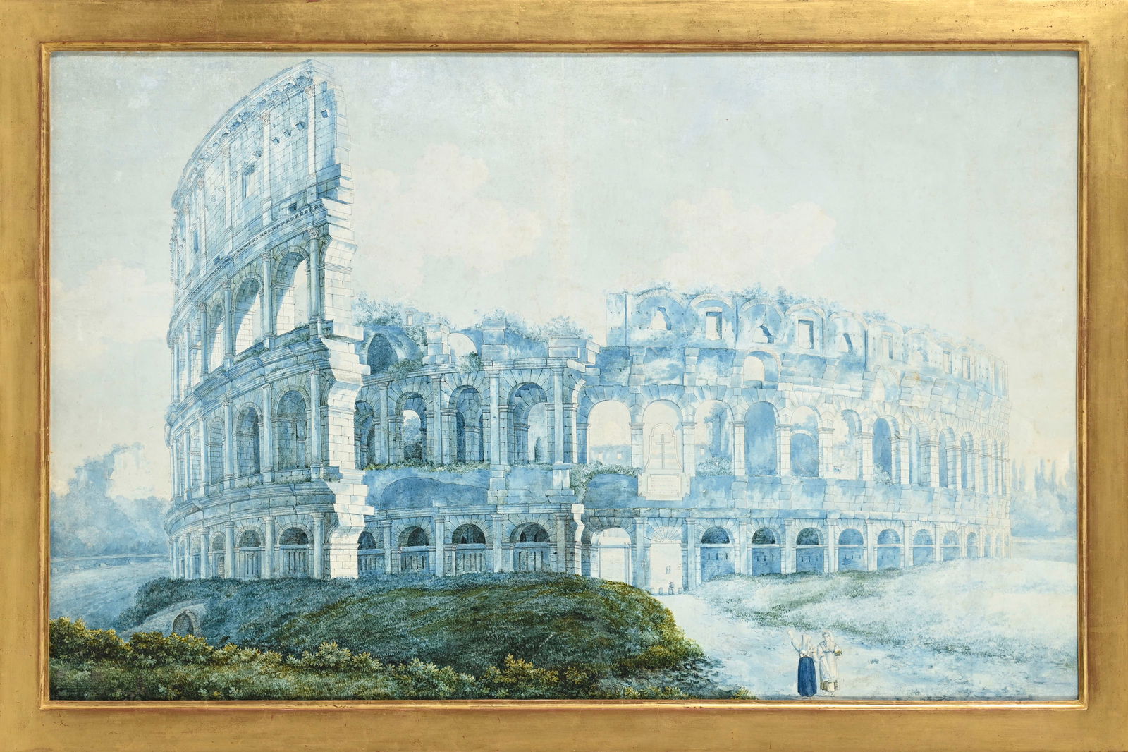 Kaisermann (1765-1833), Vue du Colisée à Rome et Vue du Panthéon à Rome, pierre noire, plume,: Franz Kaisermann (1765-1833), Vue du Colisée à Rome et Vue du Panthéon à Rome, pierre noire, plume et encre noire, aquarelle sur papier, La Vue du Panthéon signée et datée sur un fût de colonn