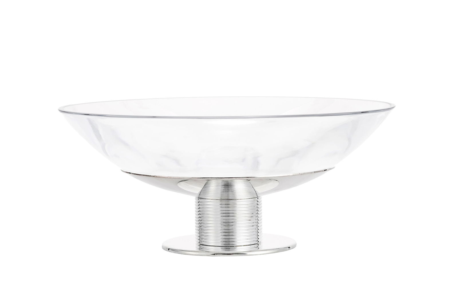 Coupe en métal argenté et verre, Christofle, Thomas Keller et Adam D. Tihany, collection P: Coupe en métal argenté et verre, Christofle, Thomas Keller et Adam D. Tihany, collection Per Sé, marque K + T sous la base, h.12,5 cm, diam. 30 cm