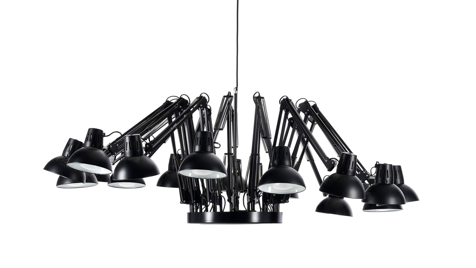 Suspension Dear Ingo by Ron Gilad (né en 1972), édition Moooi, en acier peint noir, seize : Suspension Dear Ingo by Ron Gilad (né en 1972), édition Moooi, en acier peint noir, seize feux, modèle créé en 2005, h. 50 cm, diam. selon configuration: entre 80 cm et 240 cm