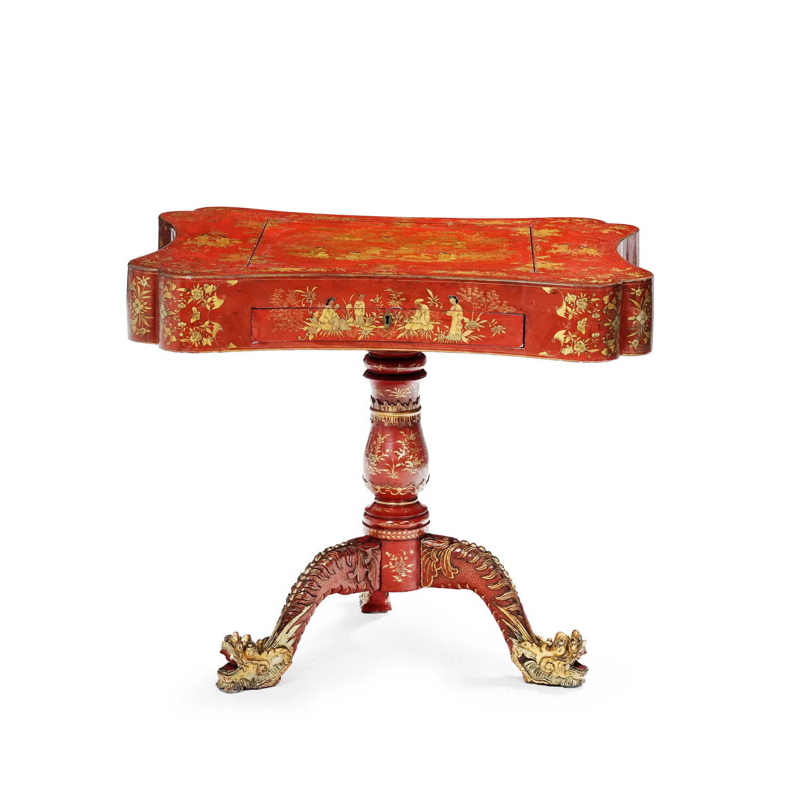 Table à jeu, Canton, XIXe s., à décor de scènes animées sur fond rouge, pla (1 of 6)