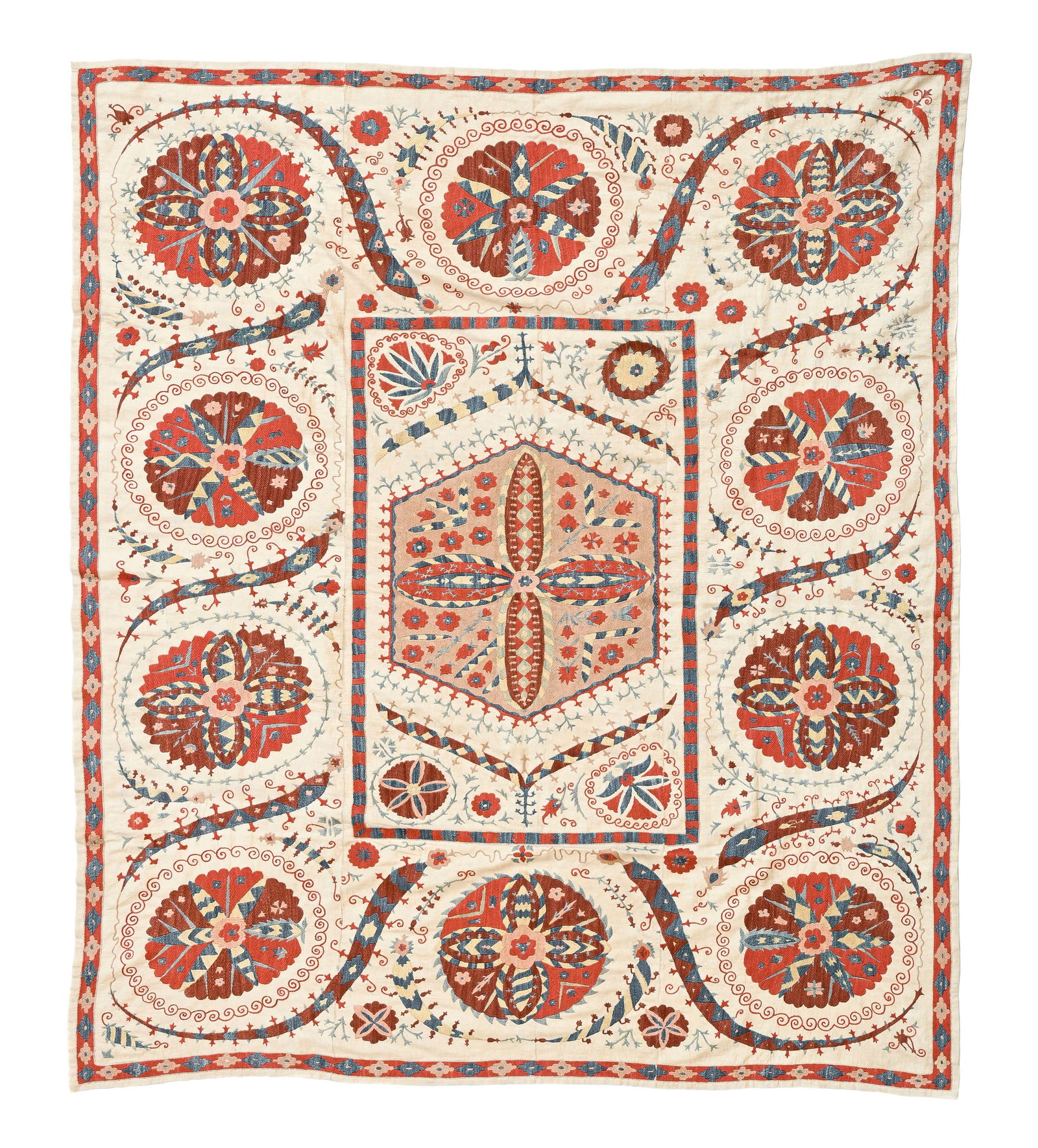 Broderie Suzani en soie sur lin, Ouzbékistan, début XXIe s., à médaillon central (1 of 1)