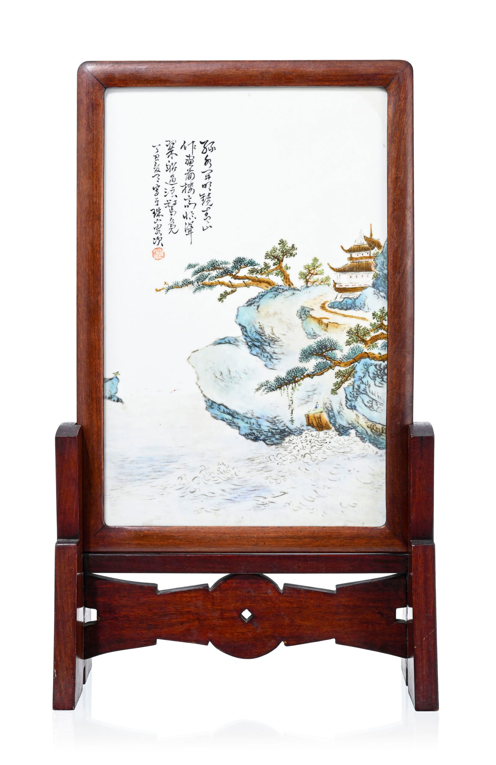 Ecran de lettré rectangulaire en porcelaine, sur monture en bois, Chine, XXe s., représent (1 of 4)