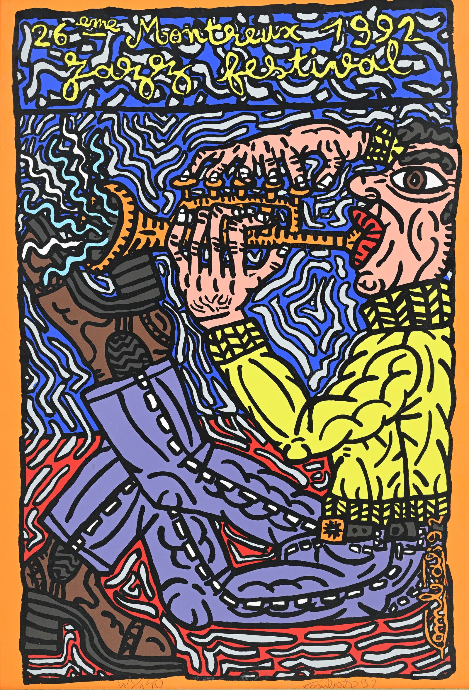 Robert Combas (1957), "26ème Jazz Festival Montreux 1992", 1992, sérigraphie couleur, sign: Robert Combas (1957), "26ème Jazz Festival Montreux 1992", 1992, sérigraphie couleur, signée, datée et numérotée 41/150, 98,5x69 cm (à vue) Provenance Richard