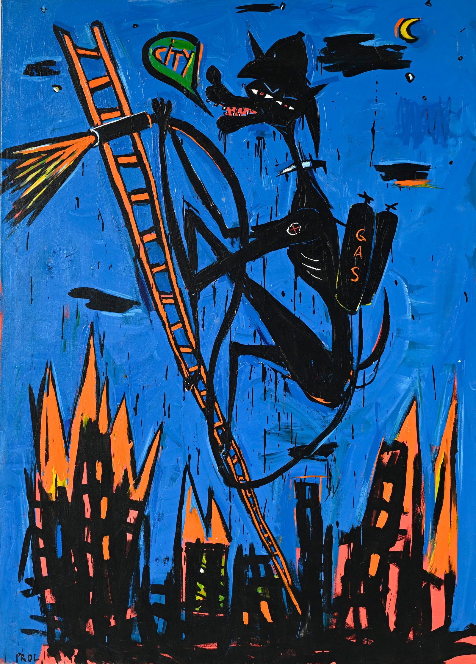 Rick Prol (1958), "Gas City", 1984, acrylique sur toile, signée, 167x121 cm Au verso: : Rick Prol (1958), "Gas City", 1984, acrylique sur toile, signée, 167x121 cm Au verso: étiquette de la Galerie Barbara Farber, Amsterdam Provenance Richard Berger avait une pe