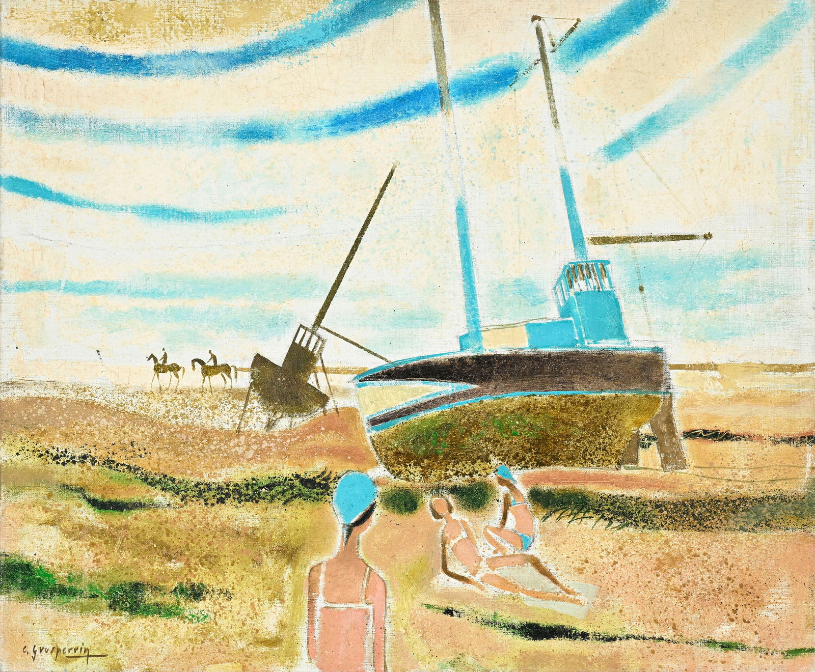 Claude Grosperrin (1936-1977), Baigneuses sur la plage, huile sur toile, signée, 54x64 cm (1 of 4)