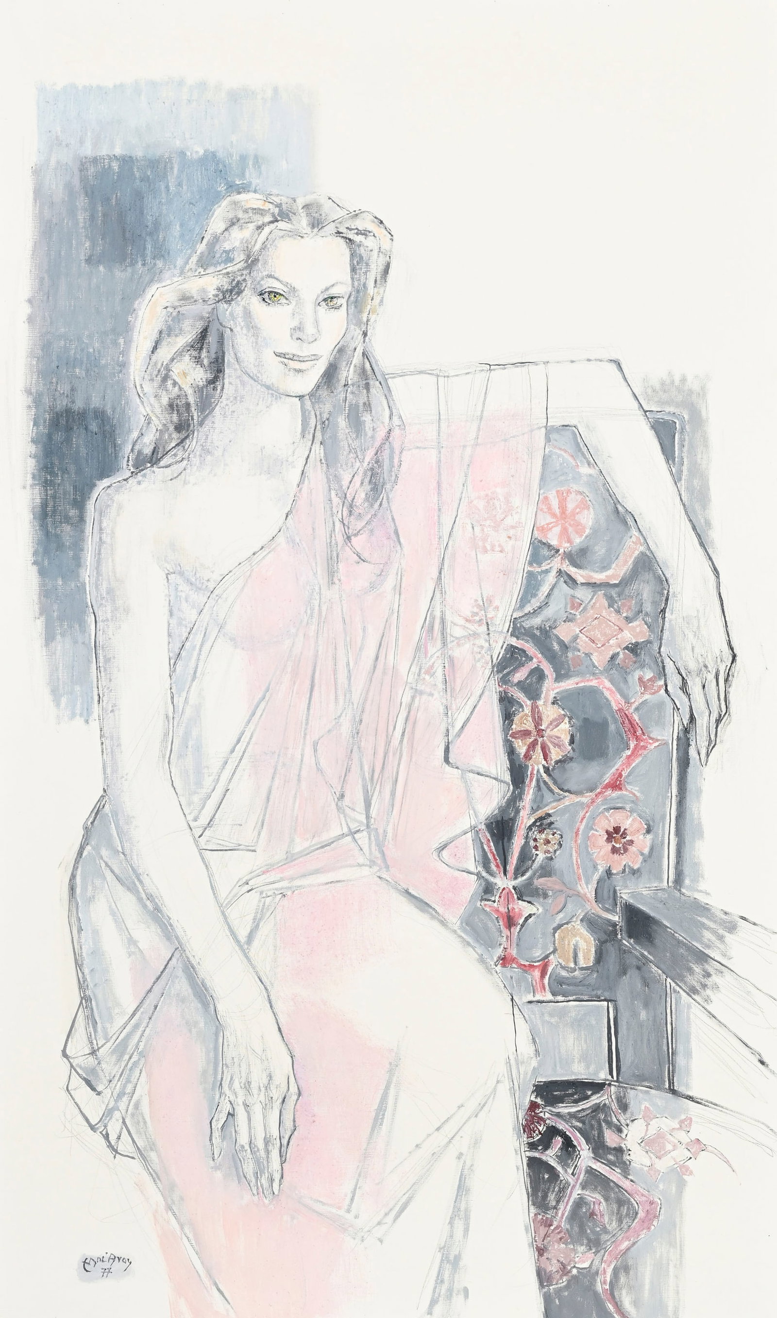 Edouard Georges Mac-Avoy (1905-1991), Femme drapée de rose, 1977, huile sur toile, signée : Edouard Georges Mac-Avoy (1905-1991), Femme drapée de rose, 1977, huile sur toile, signée et datée, 197x162 cm