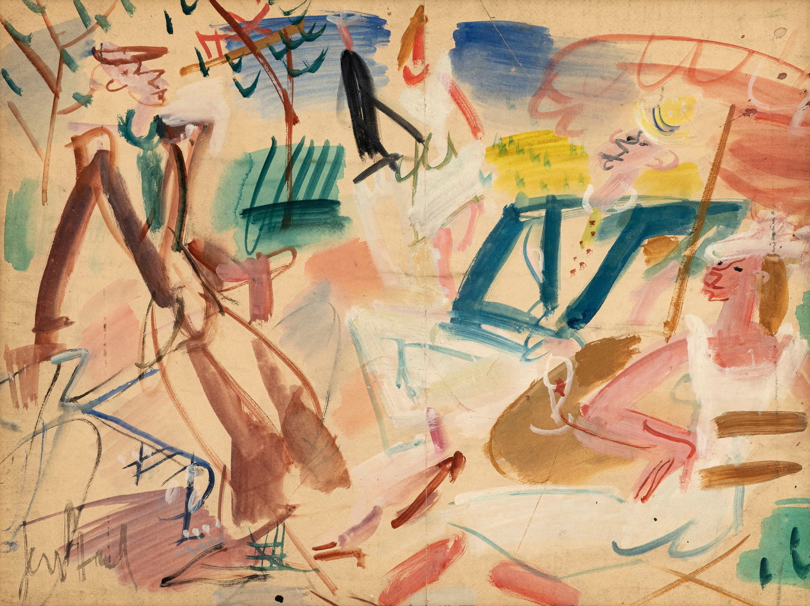 Gen Paul (1895-1975), "Dimanche après-midi"_,_ gouache sur papier marouflée sur toile, sig: Gen Paul (1895-1975), "Dimanche après-midi", gouache sur papier marouflée sur toile, signée, contresignée, titrée et numérotée 12 au verso, 50x65 cm Provenance: Gale