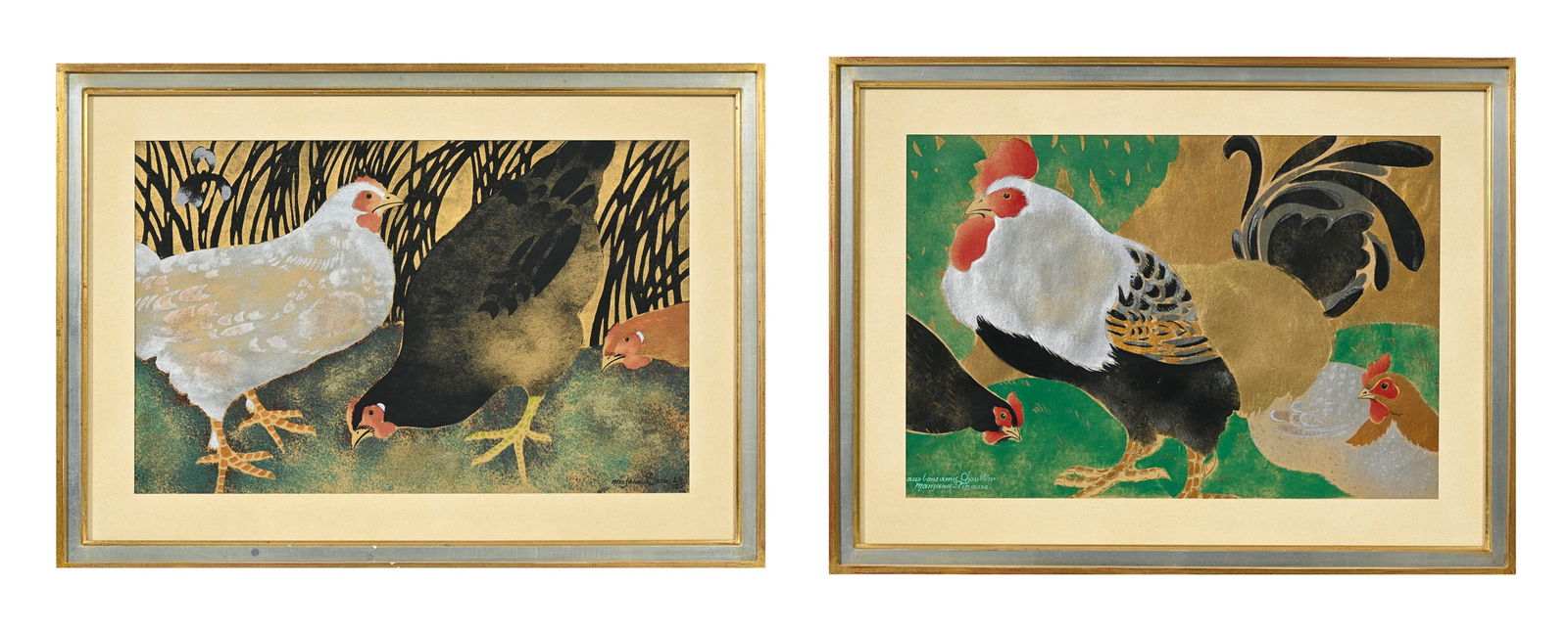 Georges Manzana Pissarro (1871-1961), Trois poules et Poules et coqs _,_ suite de 2 pochoirs en coul: Georges Manzana Pissarro (1871-1961), Trois poules et Poules et coqs , suite de 2 pochoirs en couleur rehaussés d'or et d'argent sur papier, signés, un numéroté 28/100 et l'autre d