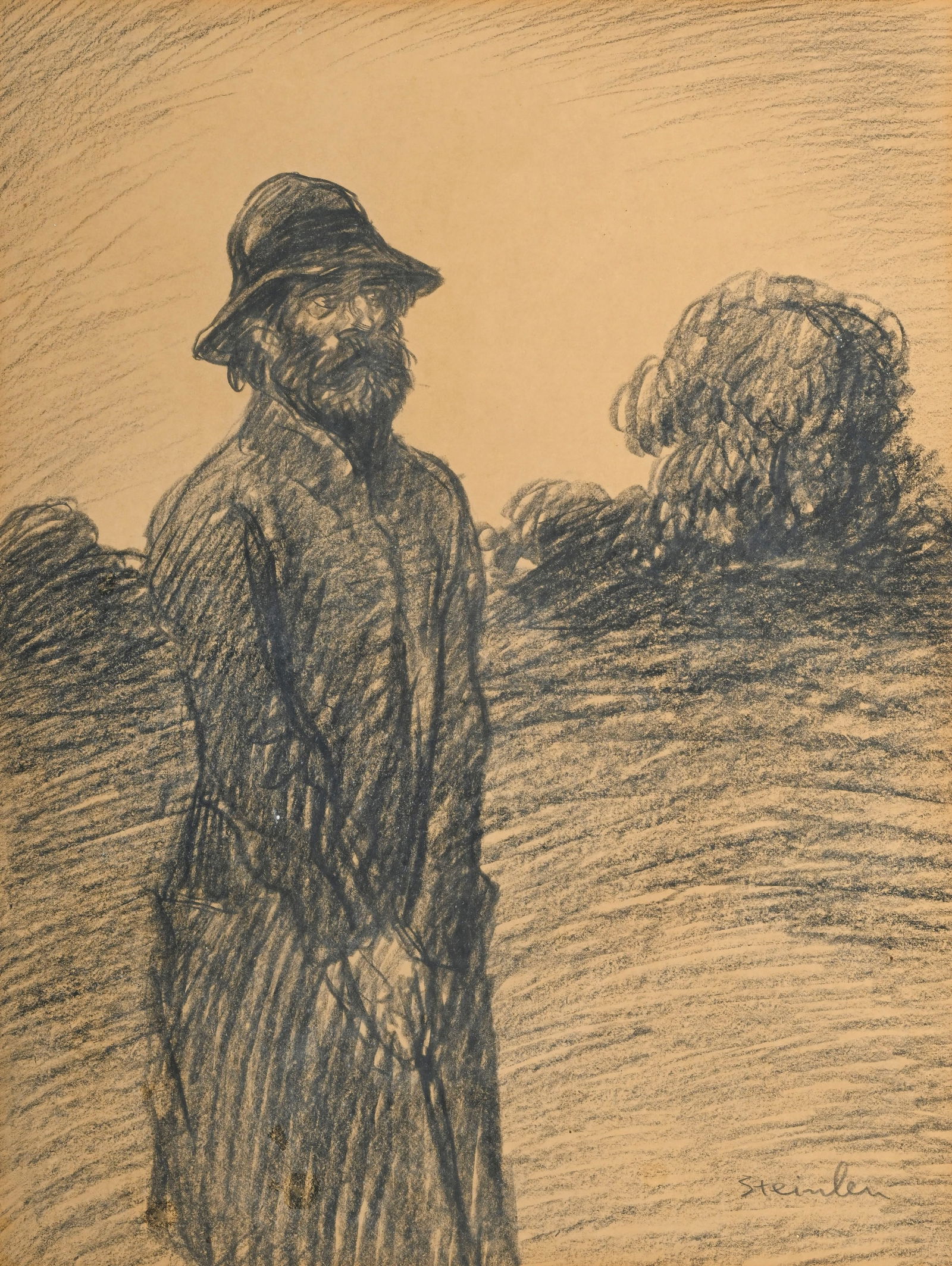 Théophile Alexandre Steinlen (1859-1923), "Vagabond", fusain sur papier, signé, 30,5x23 cm: Théophile Alexandre Steinlen (1859-1923), "Vagabond", fusain sur papier, signé, 30,5x23 cm (à vue) Au verso: étiquette de la Galerie du Chêne, Lausanne, réf. 6490/1