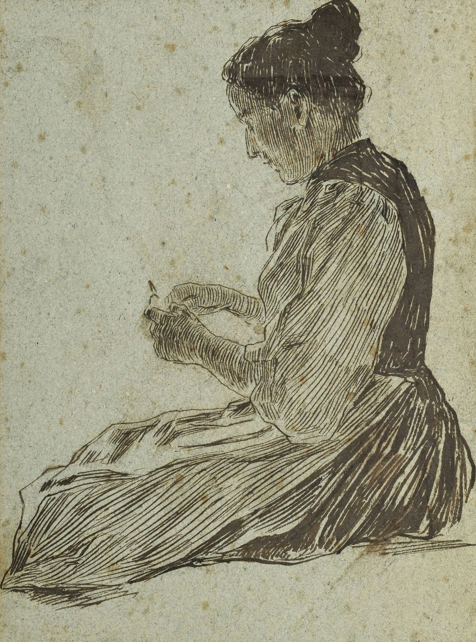 Albert Anker (1831-1910), Jeune femme assise, encre à la plume sur papier gris/bleu, 18x13 cm (: Albert Anker (1831-1910), Jeune femme assise, encre à la plume sur papier gris/bleu, 18x13 cm (à vue) Provenance : Collection Fritz Zbinden, Erlach, avril 1932, no. 71; Jacques Bernheim (189