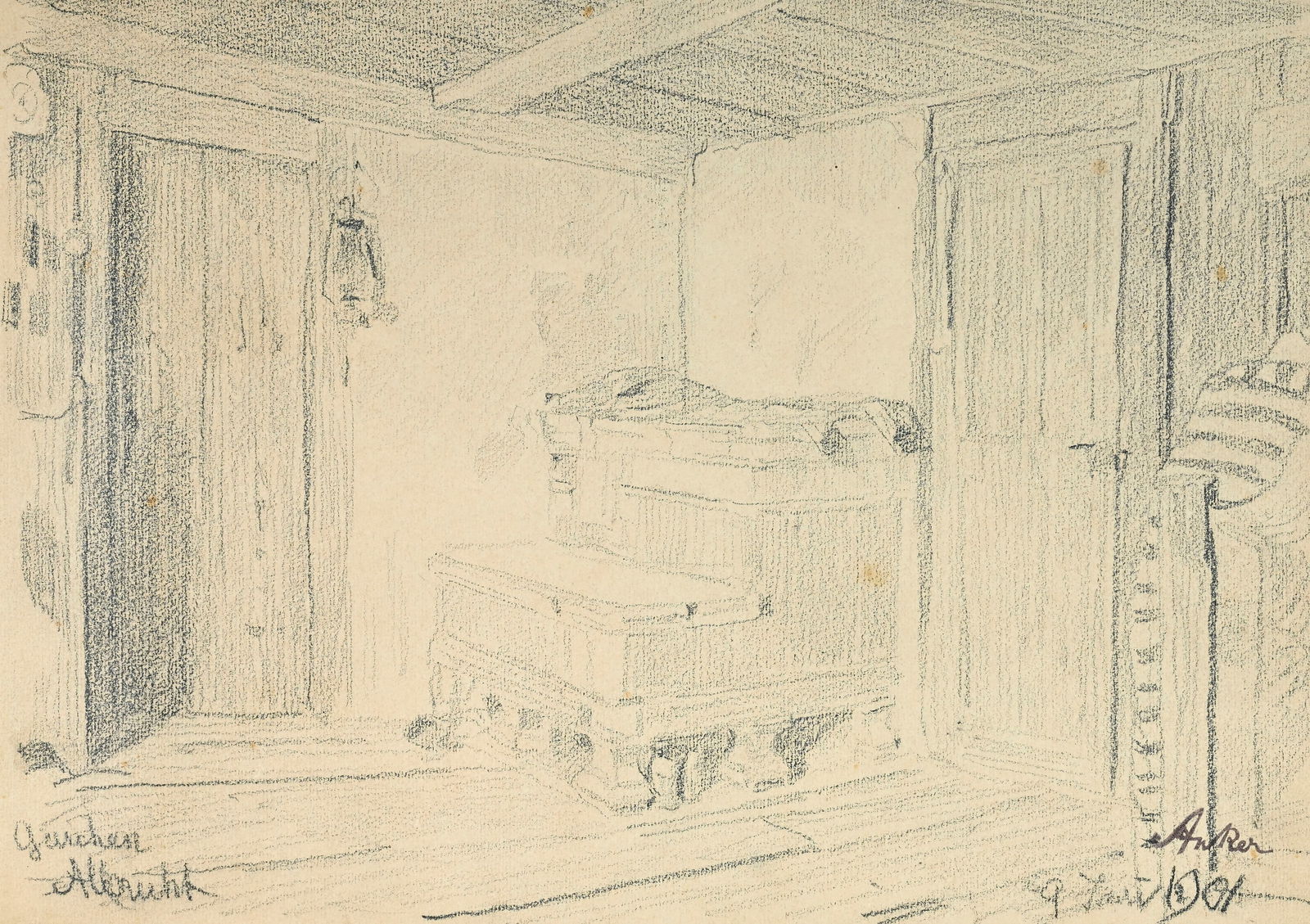 Albert Anker (1831-1910), Intérieur et Portrait de femme, 9 janvier 1901, dessin recto-verso, p: Albert Anker (1831-1910), Intérieur et Portrait de femme, 9 janvier 1901, dessin recto-verso, pierre noire (recto) et crayon de graphite (verso) sur papier, signé, daté et annoté,