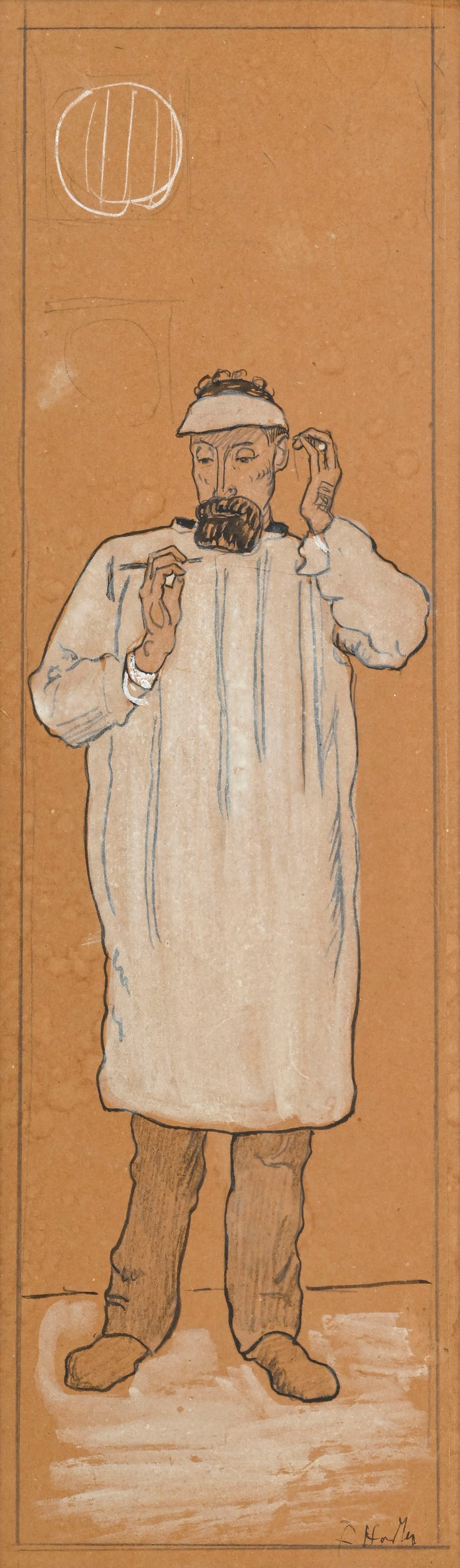 Ferdinand Hodler (1853-1918), "Der Uhrmacher", étude pour "L'horloger", mine de plomb, fusain e: Ferdinand Hodler (1853-1918), "Der Uhrmacher", étude pour "L'horloger", mine de plomb, fusain et gouache blanche sur papier, signé, 47,5x14,5 cm (à vue) Provenance : Jacques Bernheim (1