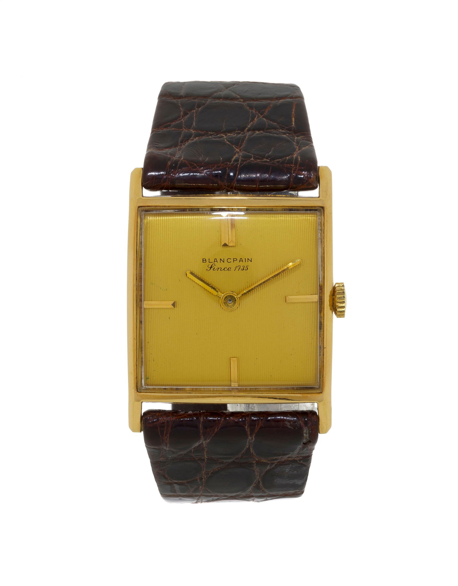 Blancpain, montre en or 750 Mouvement: cal. 525, mécanique, 21 rubis, n°382064 Boî: Blancpain, montre en or 750 Mouvement: cal. 525, mécanique, 21 rubis, n°382064 Boîtier: n°4054, larg. 26 mm Bracelet: croco marron Signature: cadran, mouvement, boîtier Condit