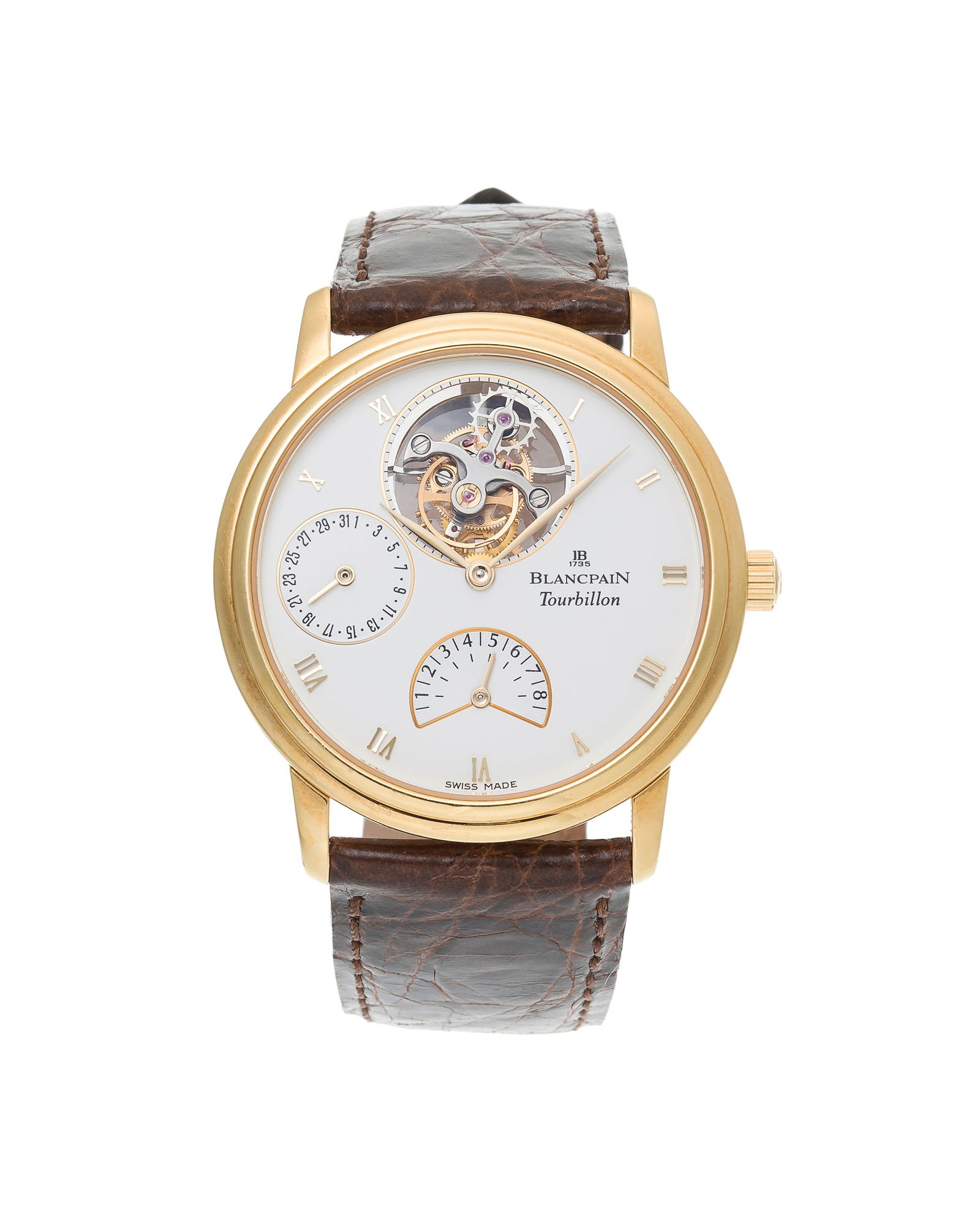 Blancpain, Villeret, montre en or 750 avec un tourbillon et indication de la réserve de la r: Blancpain, Villeret, montre en or 750 avec un tourbillon et indication de la réserve de la réserve de marche Mouvement: cal. 23, automatique, 19 rubis, n°00138 Boîtier: n°41,