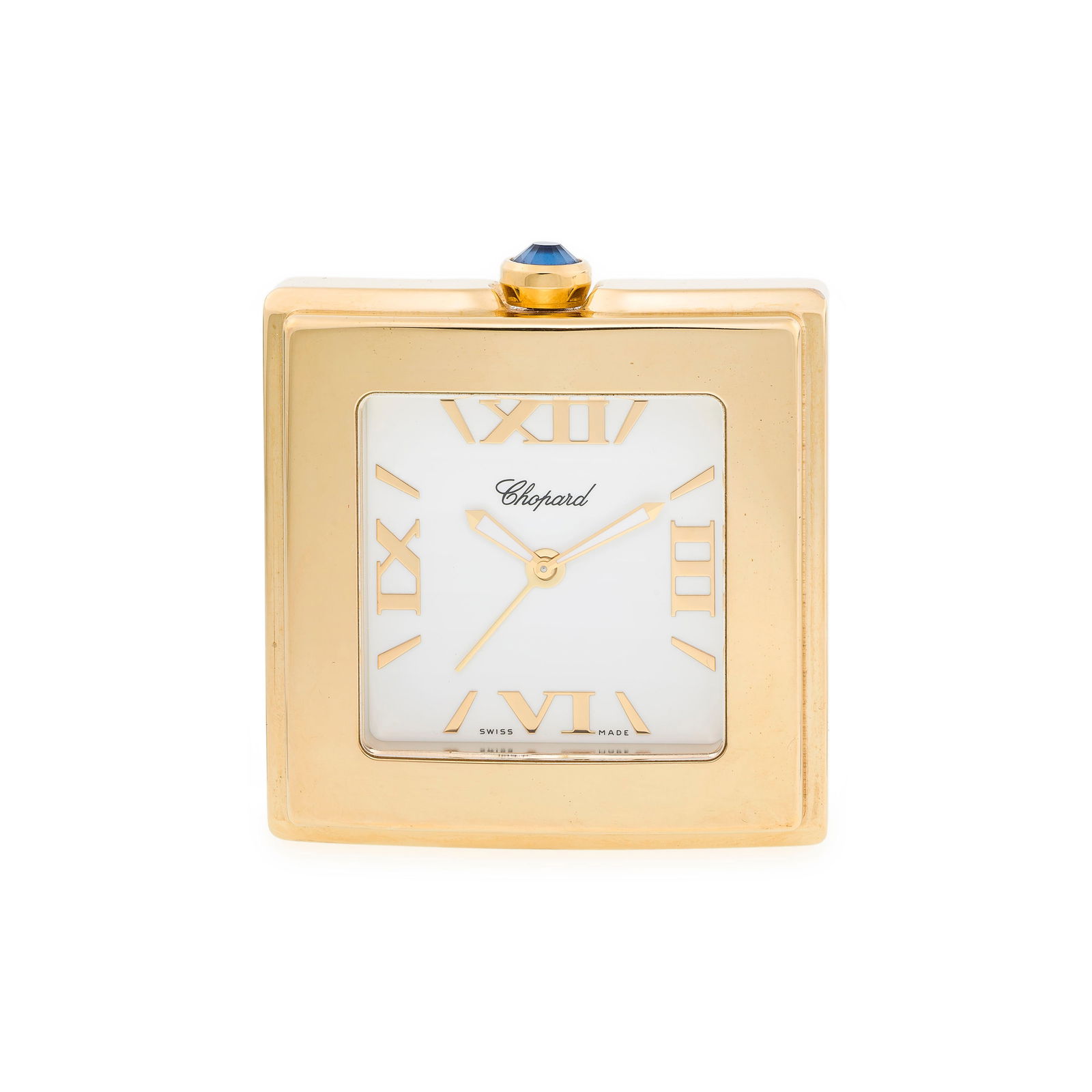 Chopard, Happy Sport, réf. 8495, pendulette réveil en métal Mouvement: quartz Bo&: Chopard, Happy Sport, réf. 8495, pendulette réveil en métal Mouvement: quartz Boîtier: n°1337830, larg. 58 mm Complication: alarme Signature: cadran, boîtier Accessoire: