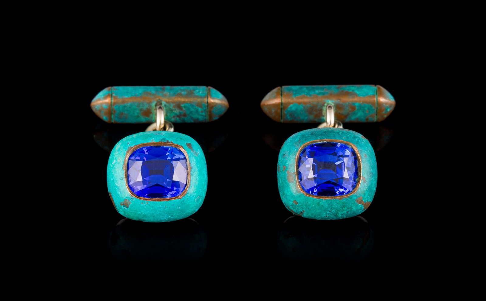 Hemmerle, paire de boutons de manchette or gris 750 et cuivre à patine vert-de-gris sertis de s (1 of 8)