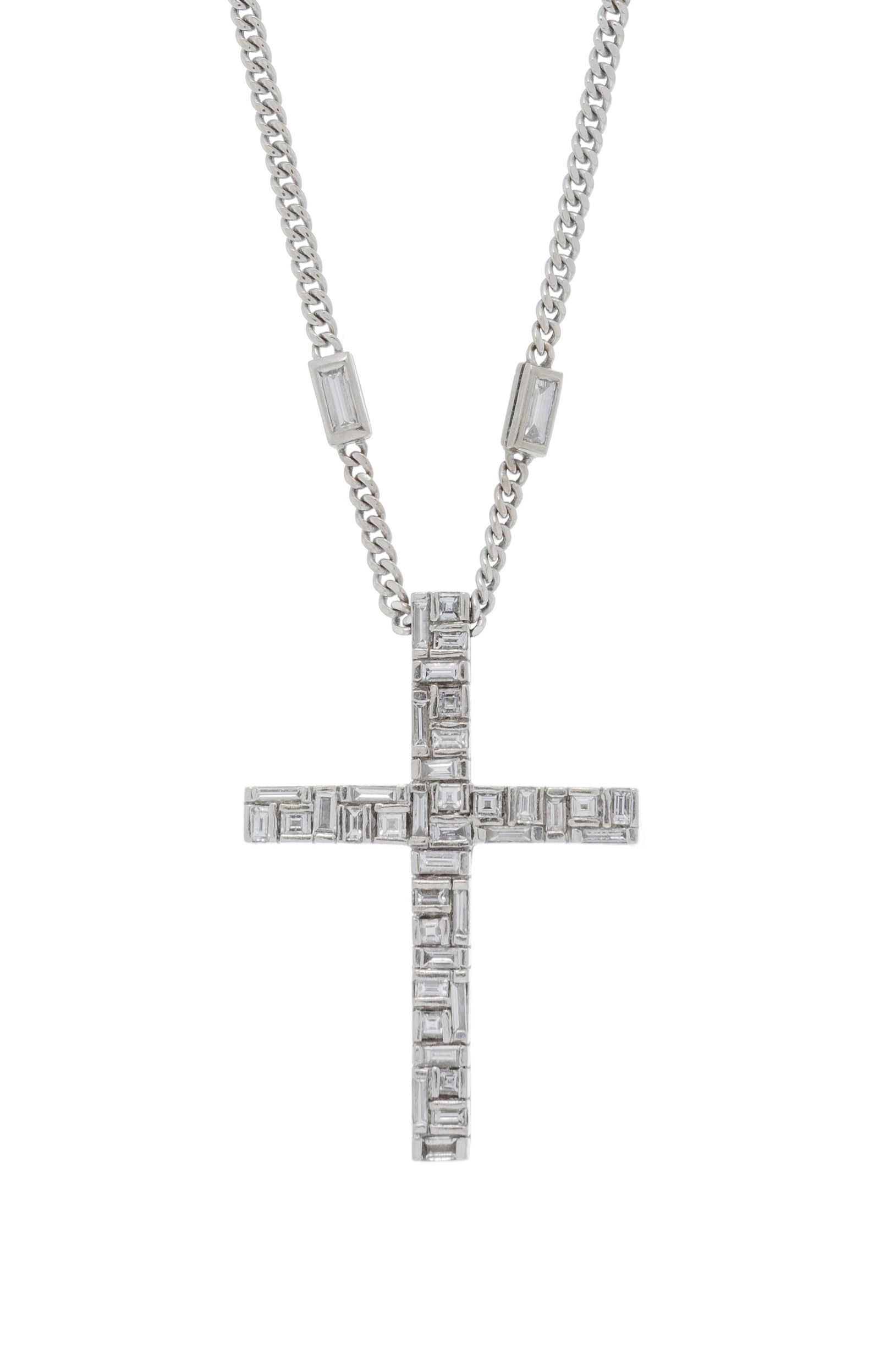 Collier or gris 750 à maille gourmette alterné de diamants taille baguette retenant en son (1 of 5)