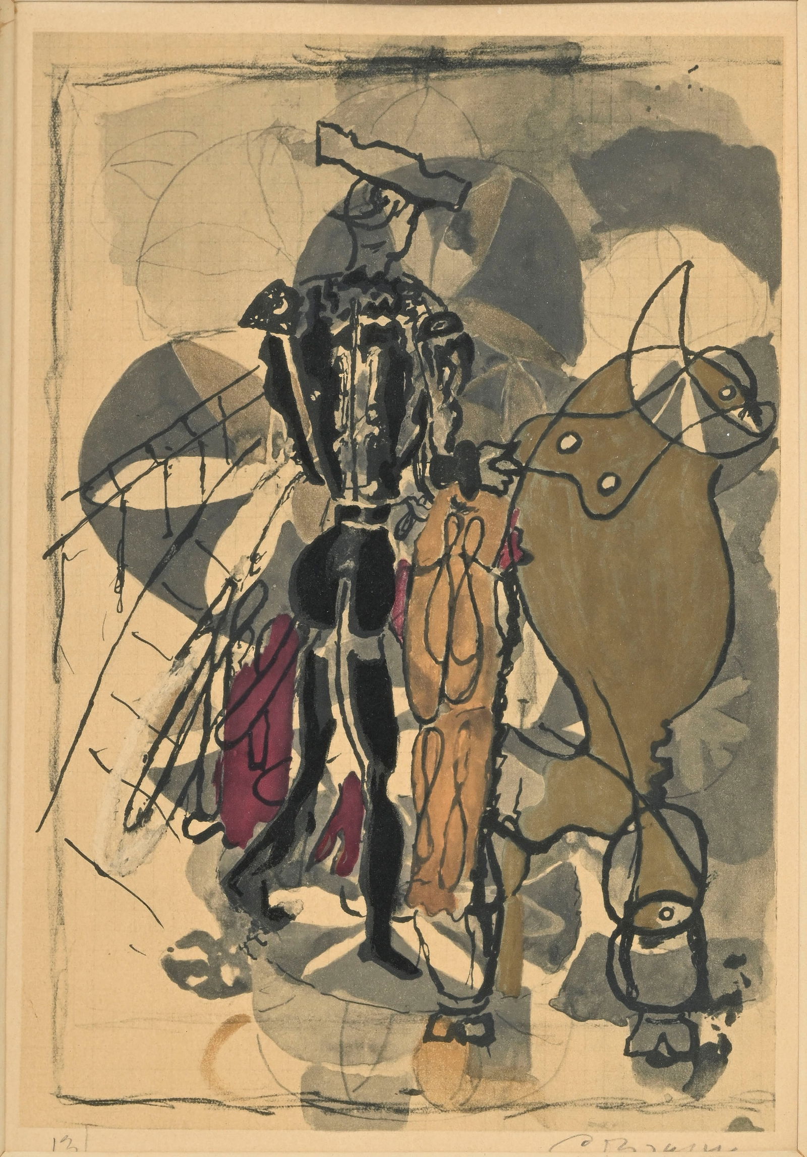 Georges Braque (1882-1963), d'après, "Torero", ca. 1955, offset en couleurs, signé et num&: Georges Braque (1882-1963), d'après, "Torero", ca. 1955, offset en couleurs, signé et numéroté 13/75, 34x24 cm Condition insolation de la feuille