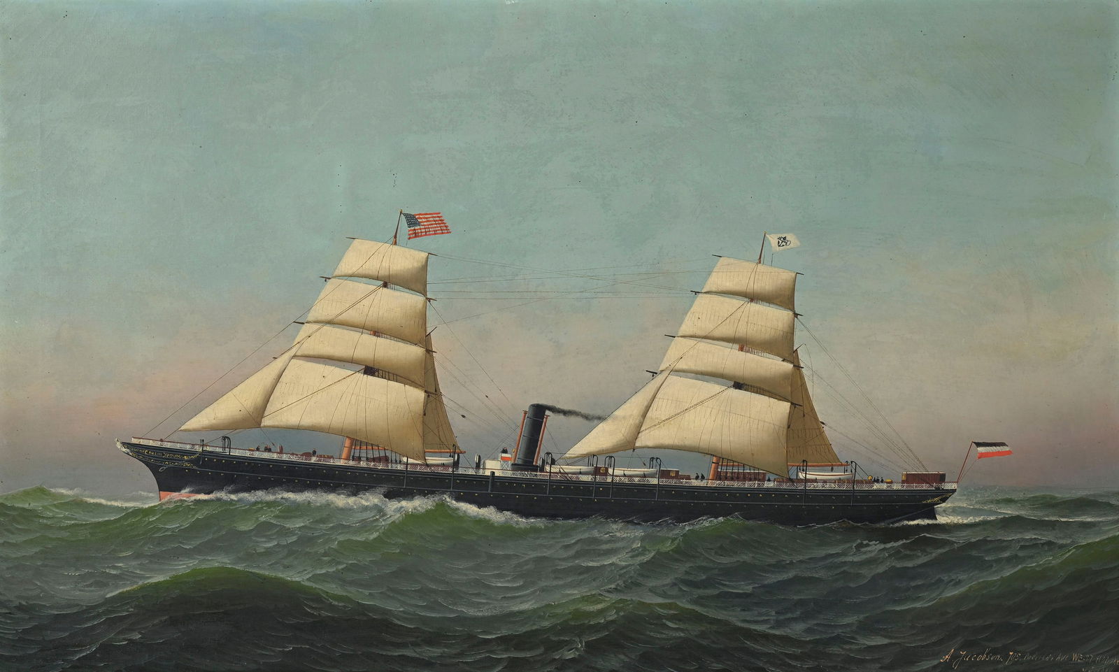 Antonio Jacobsen (1850-1921), Paquebot à voiles, 1880, huile sur toile, signée, datée: Antonio Jacobsen (1850-1921), Paquebot à voiles, 1880, huile sur toile, signée, datée et annotée "705. Palisade Ave. West Hoboken, NJ", 56x91,5 cm Condition Bon à moyen