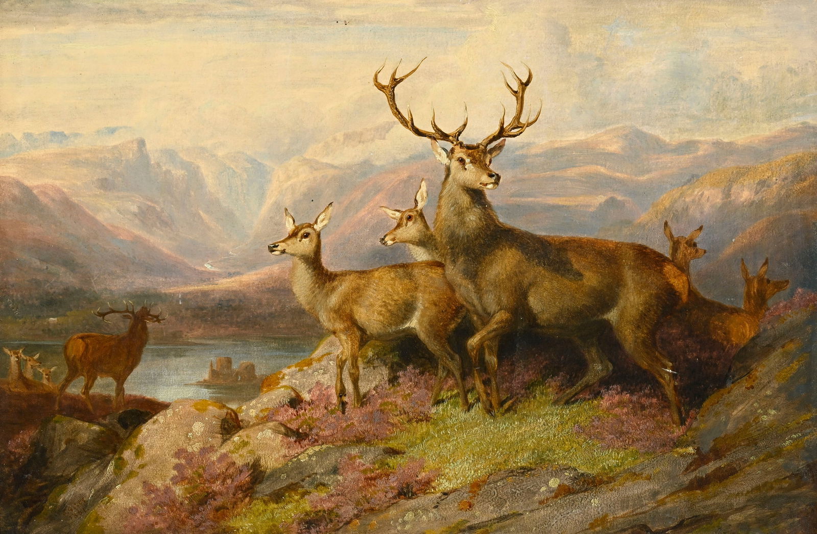 John West Giles (act.1830-1870), Cerfs et biches sur une colline, 1861, huile sur papier maroufl (1 of 5)