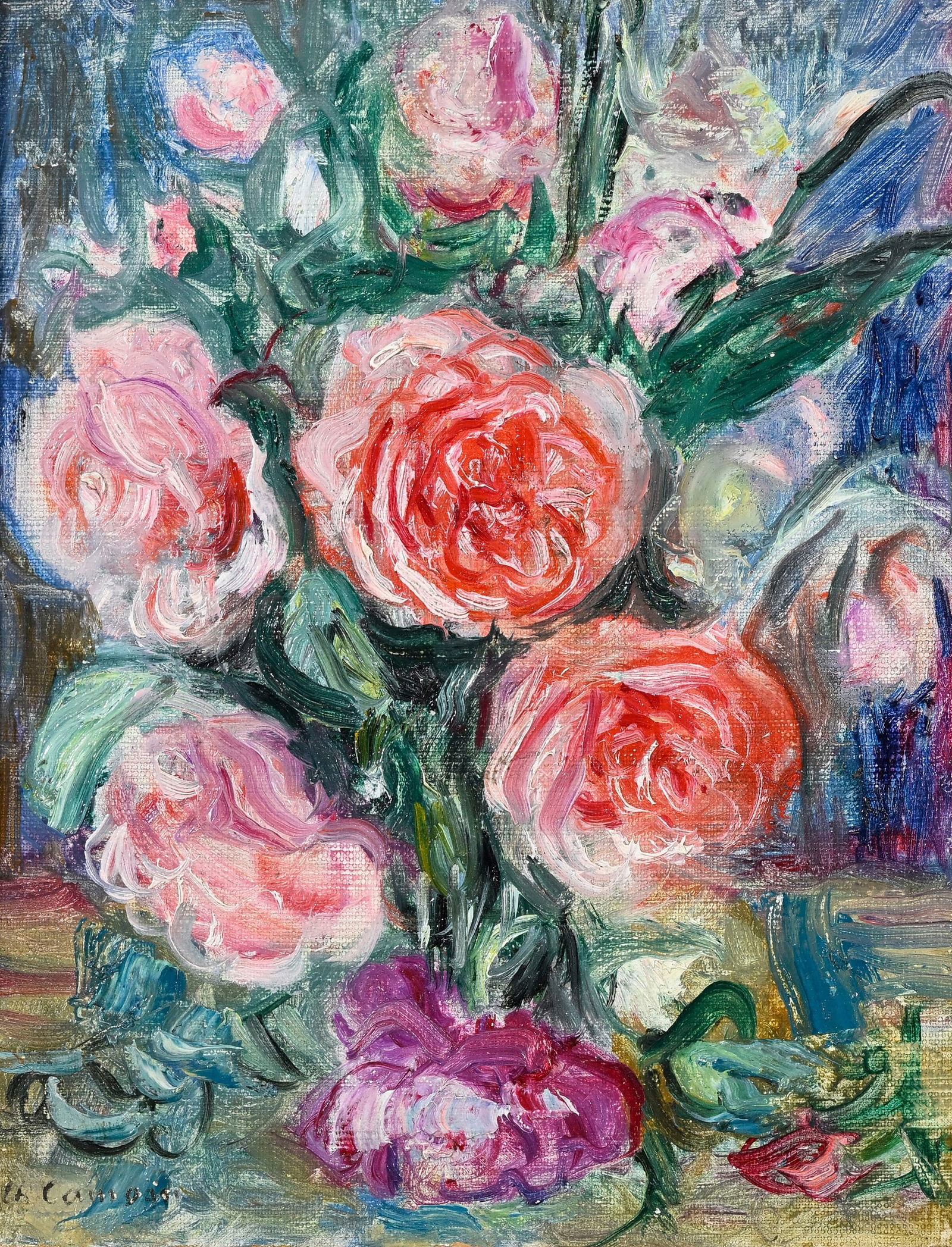 Charles Camoin (1879-1965), "Roses épanouies", v. 1930, huile sur carton, signée, 24x19 cm: Charles Camoin (1879-1965), "Roses épanouies", v. 1930, huile sur carton, signée, 24x19 cm L'authenticité de ce tableau a été confirmée par Madame Anne-Marie Grammont-Cam
