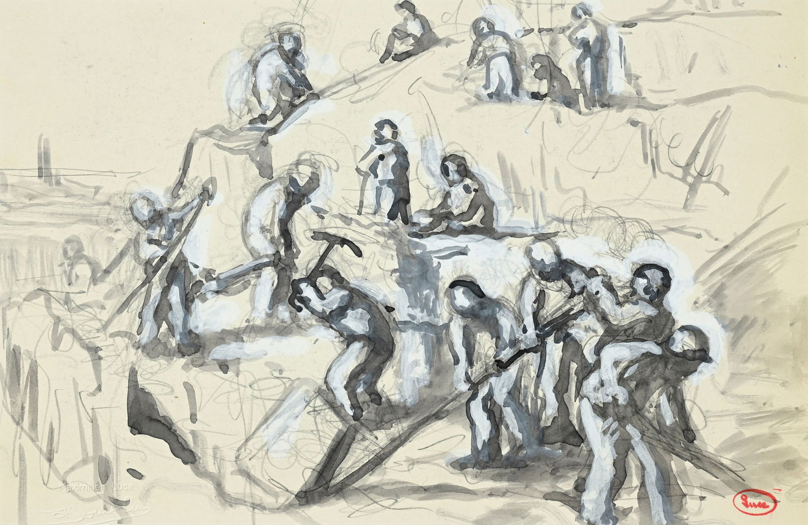 Maximilien Luce (1858-1941), "Les travaux de Paris", lavis d'encre, gouache et mine de plomb sur pap: Maximilien Luce (1858-1941), "Les travaux de Paris", lavis d'encre, gouache et mine de plomb sur papier, tampon d'atelier de l'artiste, tampon sec de Jean Bouin Luce, 19x29 cm (à vue) Provenance: