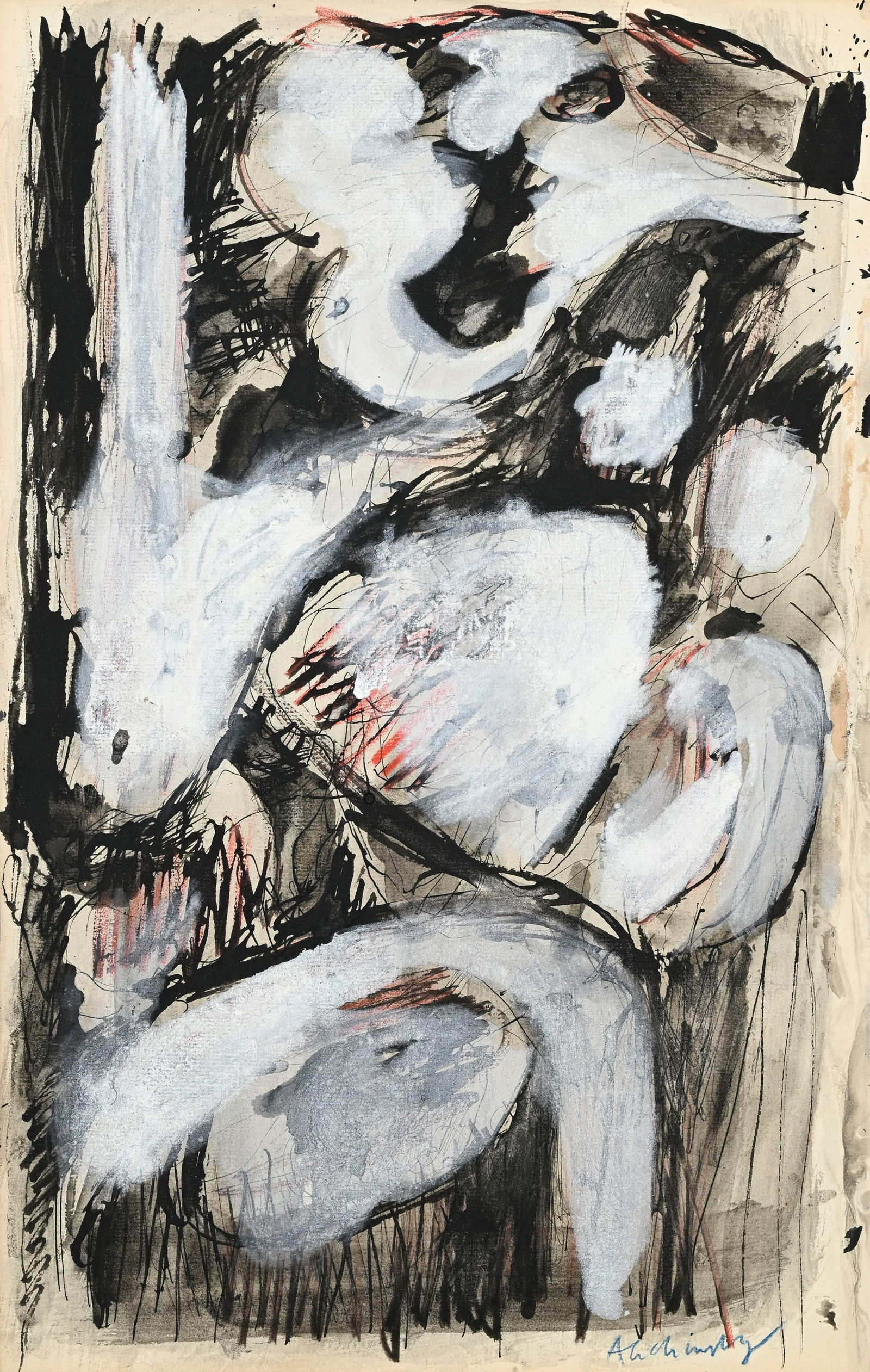 Pierre Alechinsky (1927), Composition, technique mixte sur papier, signée, 44x28 cm: Pierre Alechinsky (1927), Composition, technique mixte sur papier, signée, 44x28 cm