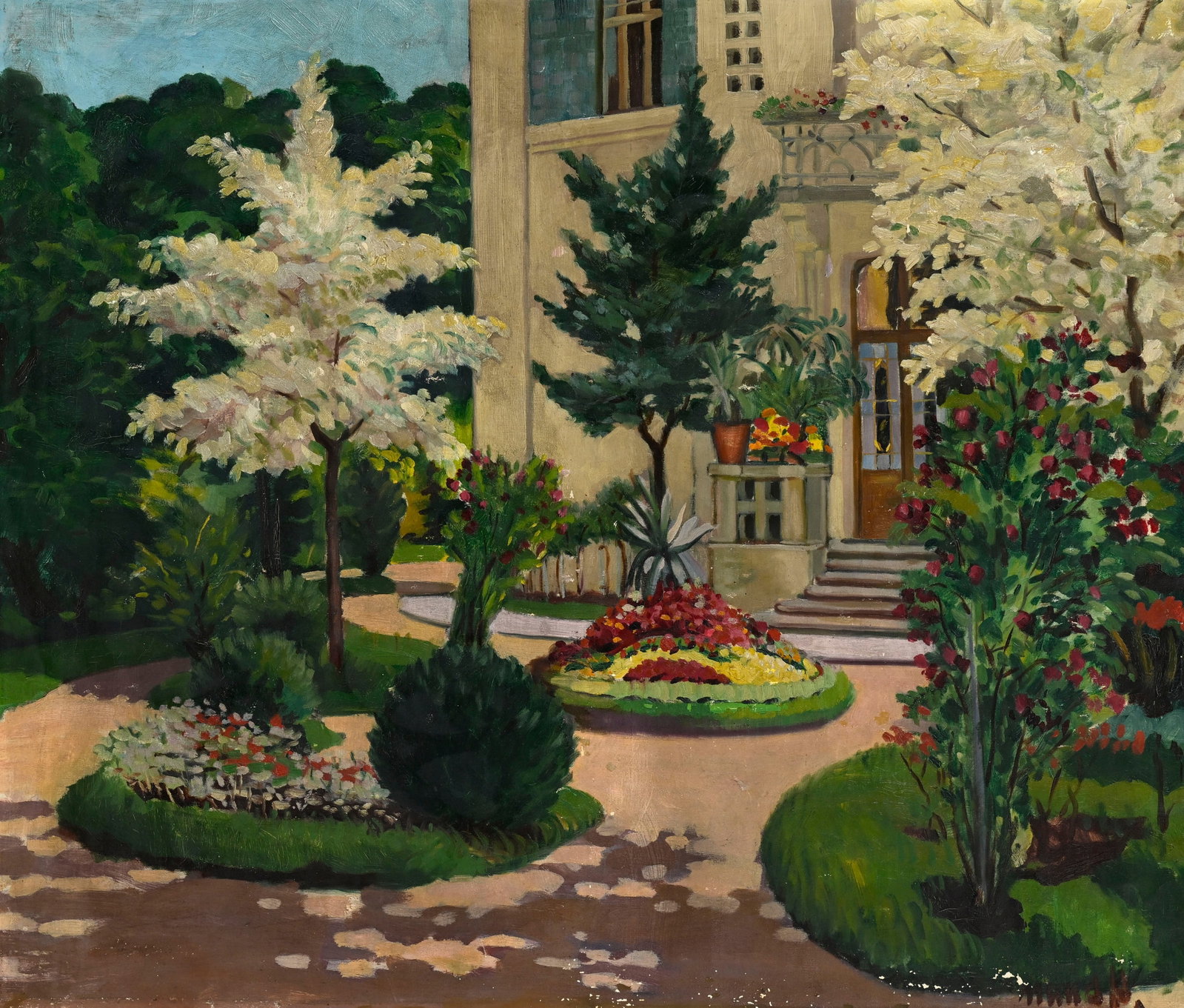 Hugo Mund (1892-1961), Jardin d'une villa, huile sur toile, signée, 90,5x105,5 cm: Hugo Mund (1892-1961), Jardin d'une villa, huile sur toile, signée, 90,5x105,5 cm Condition Faible tension de la toile sur son châssis Lacunes éparses, notamment dans la parti