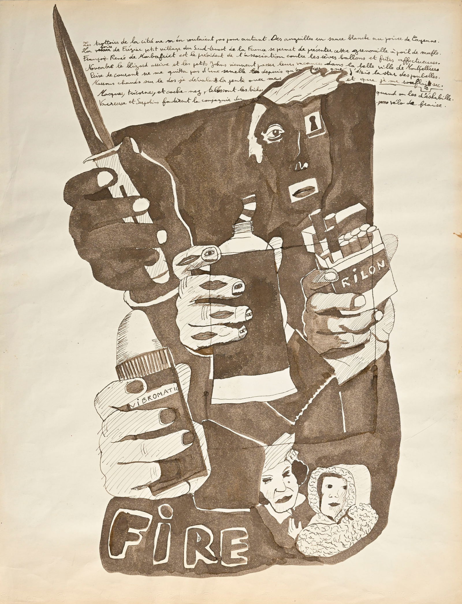 Robert Combas (1957), "Les mains ne servent pas qu'à se faire de choses", 1980, encre sur papie: Robert Combas (1957), "Les mains ne servent pas qu'à se faire de choses", 1980, encre sur papier, signée, datée et titrée au verso, 65x50 cm Condition Papier et encre oxyd&#