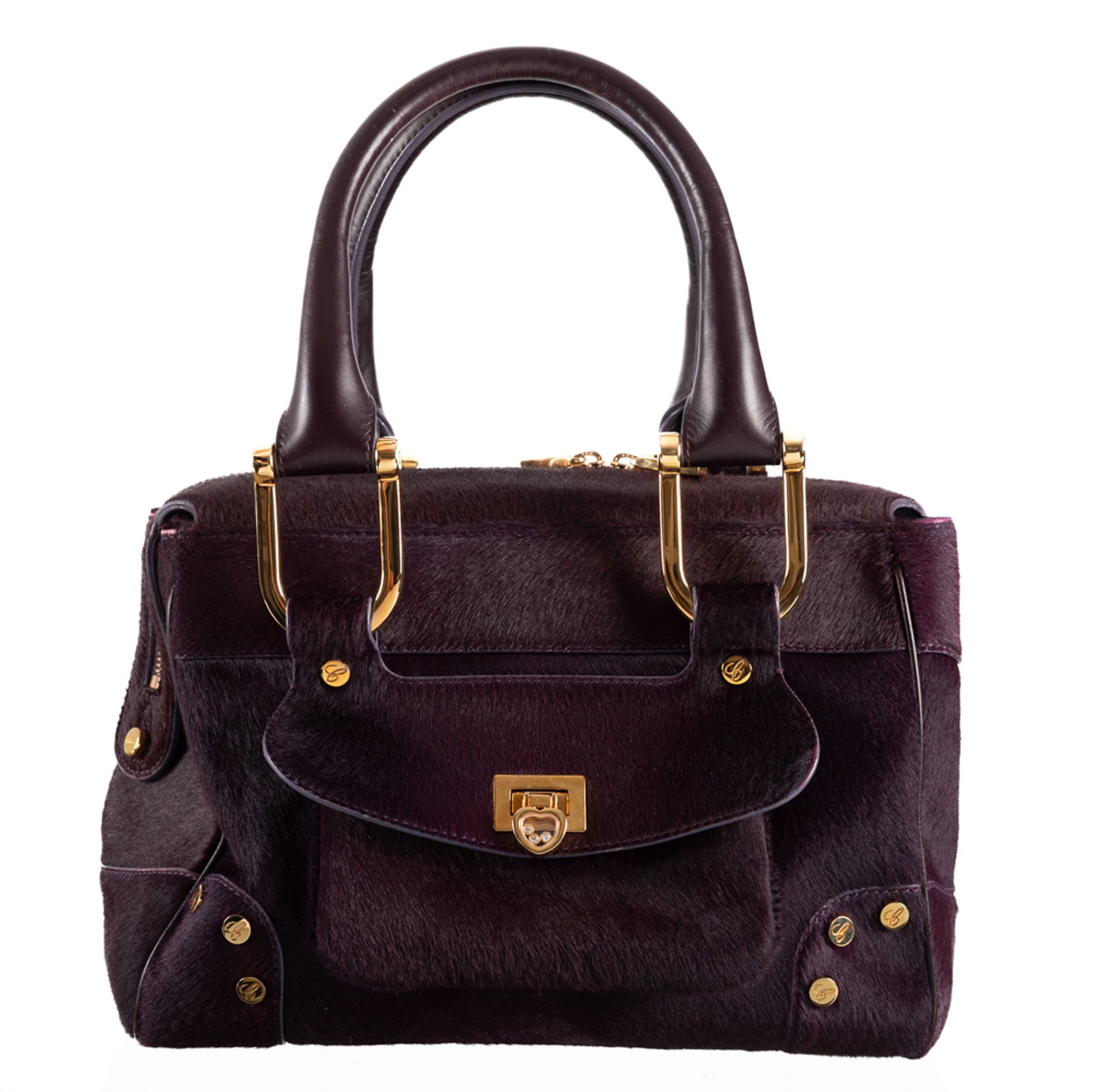 Chopard, sac Caroline en poney cassis, pochette externe avec fermoir cœur 'Happy Diamonds', hou: Chopard, sac Caroline en poney cassis, pochette externe avec fermoir cœur 'Happy Diamonds', housse, 20x28 cm