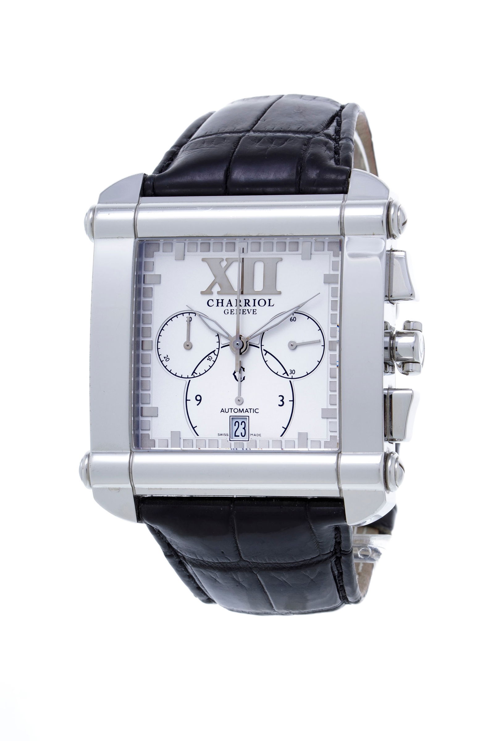 Charriol, Actor, réf. CCHCXXL, montre chronographe en acier Mouvement: cal. ETA 2894-2, auto: Charriol, Actor, réf. CCHCXXL, montre chronographe en acier Mouvement: cal. ETA 2894-2, automatique, 37 rubis Boîtier: n°00785, larg. 42 mm, fond en verre laissant apparaître le mo