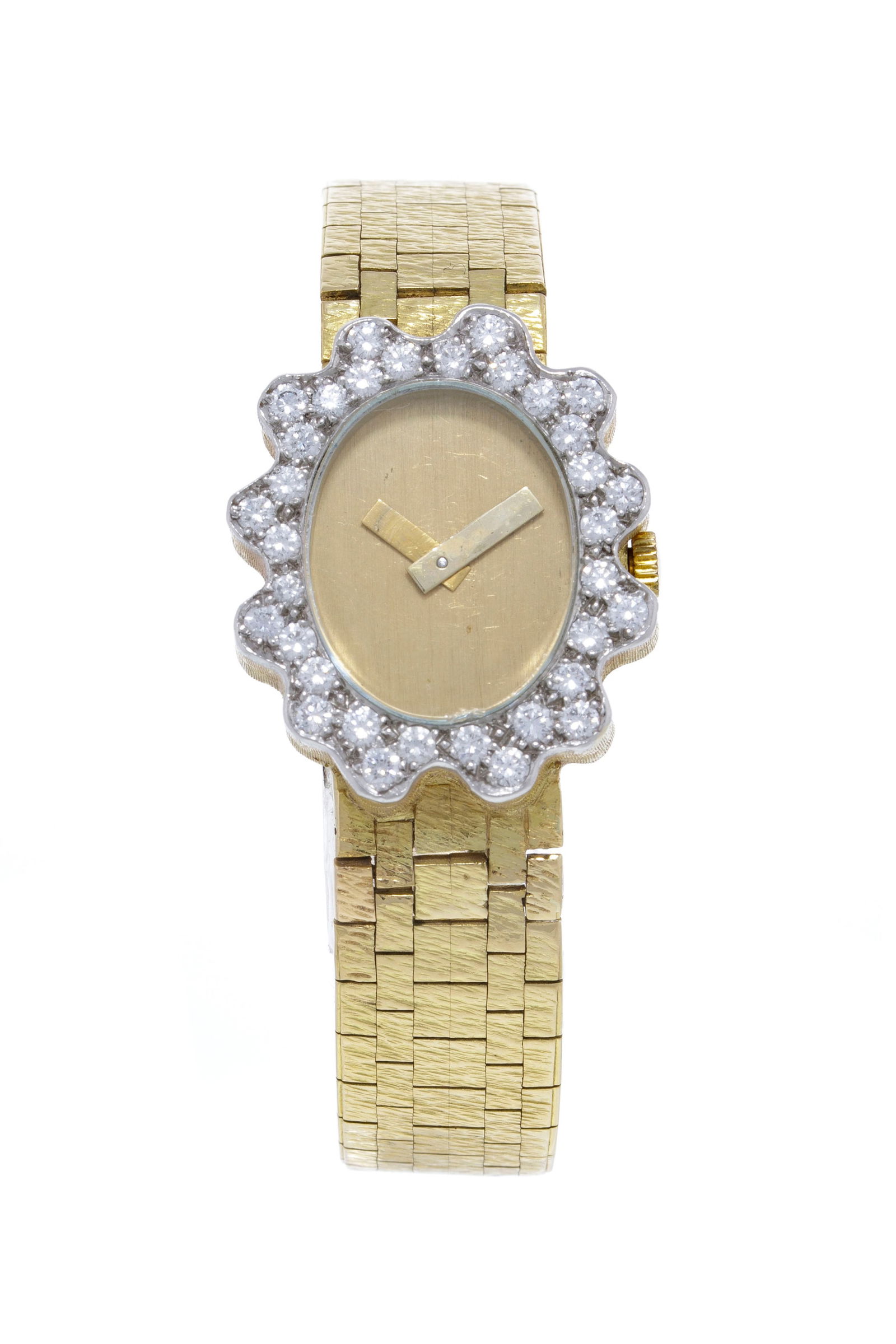 Grima et Juvenia, montre-bracelet 2 ors 750 sertie de diamants, années 1960-70 Mouvement: cal.: Grima et Juvenia, montre-bracelet 2 ors 750 sertie de diamants, années 1960-70 Mouvement: cal. 735, mécanique, 17 rubis Boîtier: larg. 21 mm Signature Juvenia: mouvement et boîtier