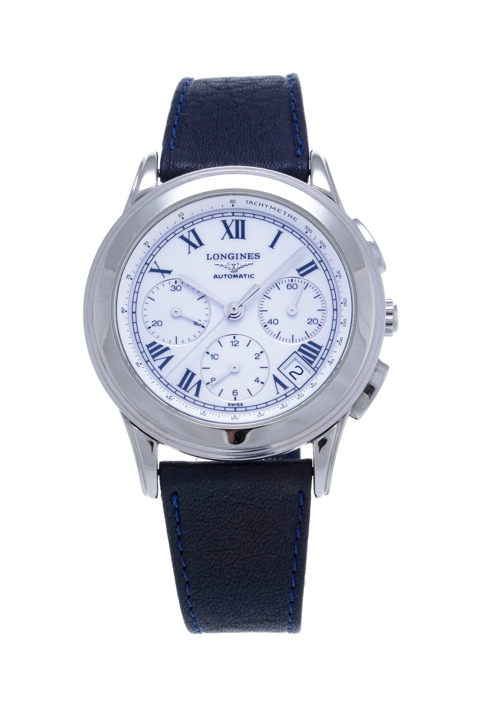 Longines, Flagship, montre chronographe en acier Mouvement: cal. L 650.2, automatique, 37 rubis : Longines, Flagship, montre chronographe en acier Mouvement: cal. L 650.2, automatique, 37 rubis Boîtier. diam. 39 mm, fond en verre laissant apparaître le mouvement Complications: chronograp