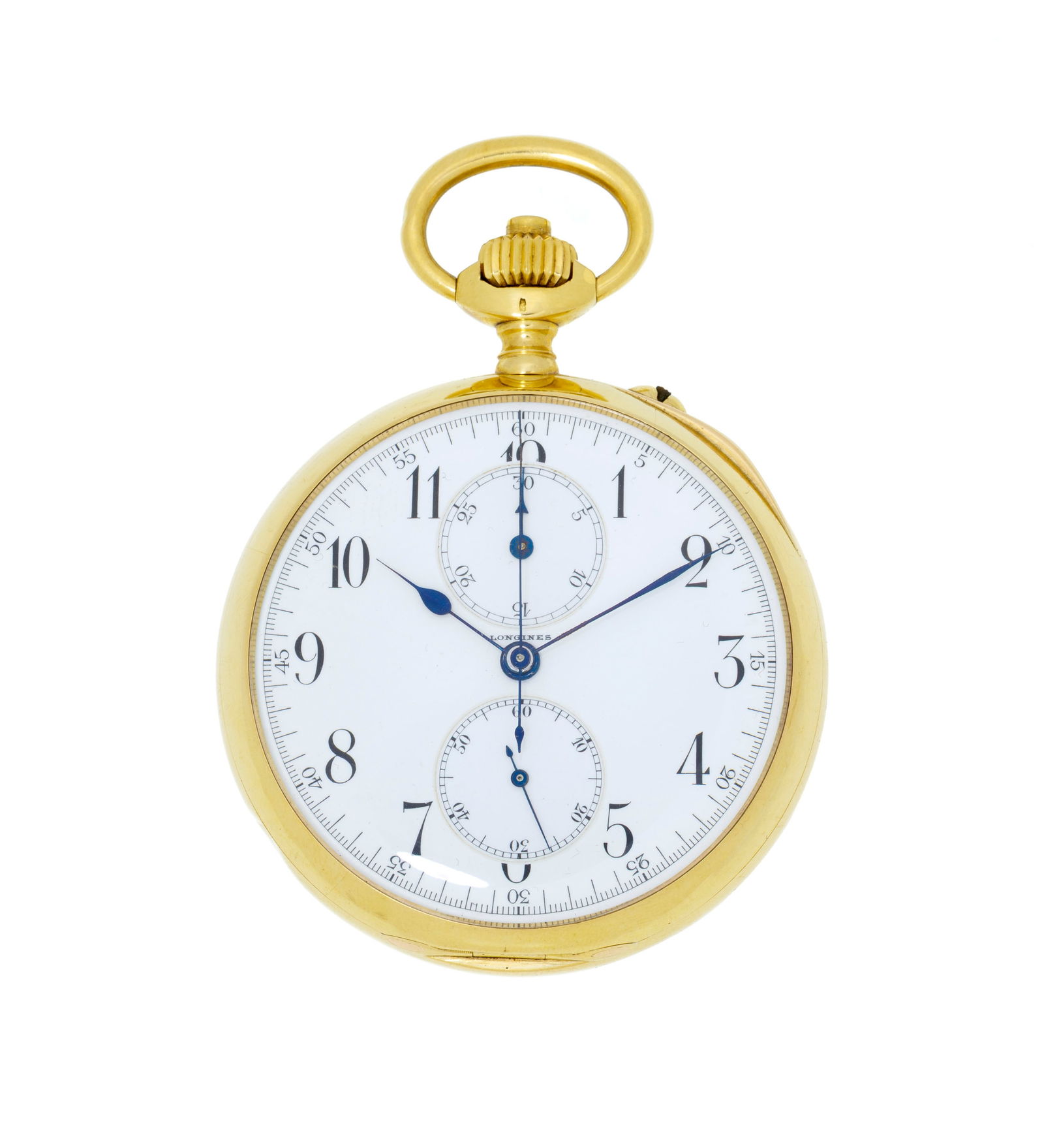 Longines, montre de poche chronographe en or 750, début XXe s. Mouvement: mécanique Bo: Longines, montre de poche chronographe en or 750, début XXe s. Mouvement: mécanique Boîtier: n°2206580, diam. 51 mm Complications: chronographe à 1 compteur avec secondes au c