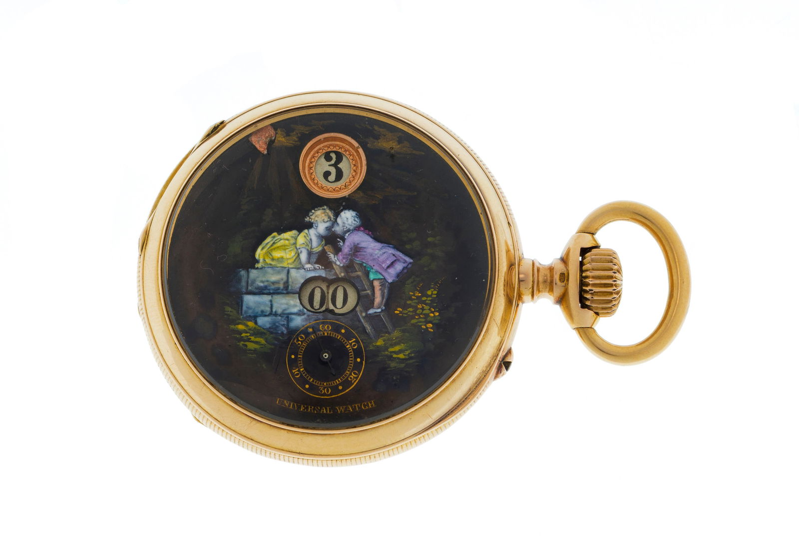 Universal et G. A. Huguenin & Fils, montre de poche petite seconde en or 750 à heures et minute: Universal et G. A. Huguenin & Fils, montre de poche petite seconde en or 750 à heures et minutes sautantes Mouvement: mécanique, n°46249 Boîtier: n°156216, diam. 49 mm Com