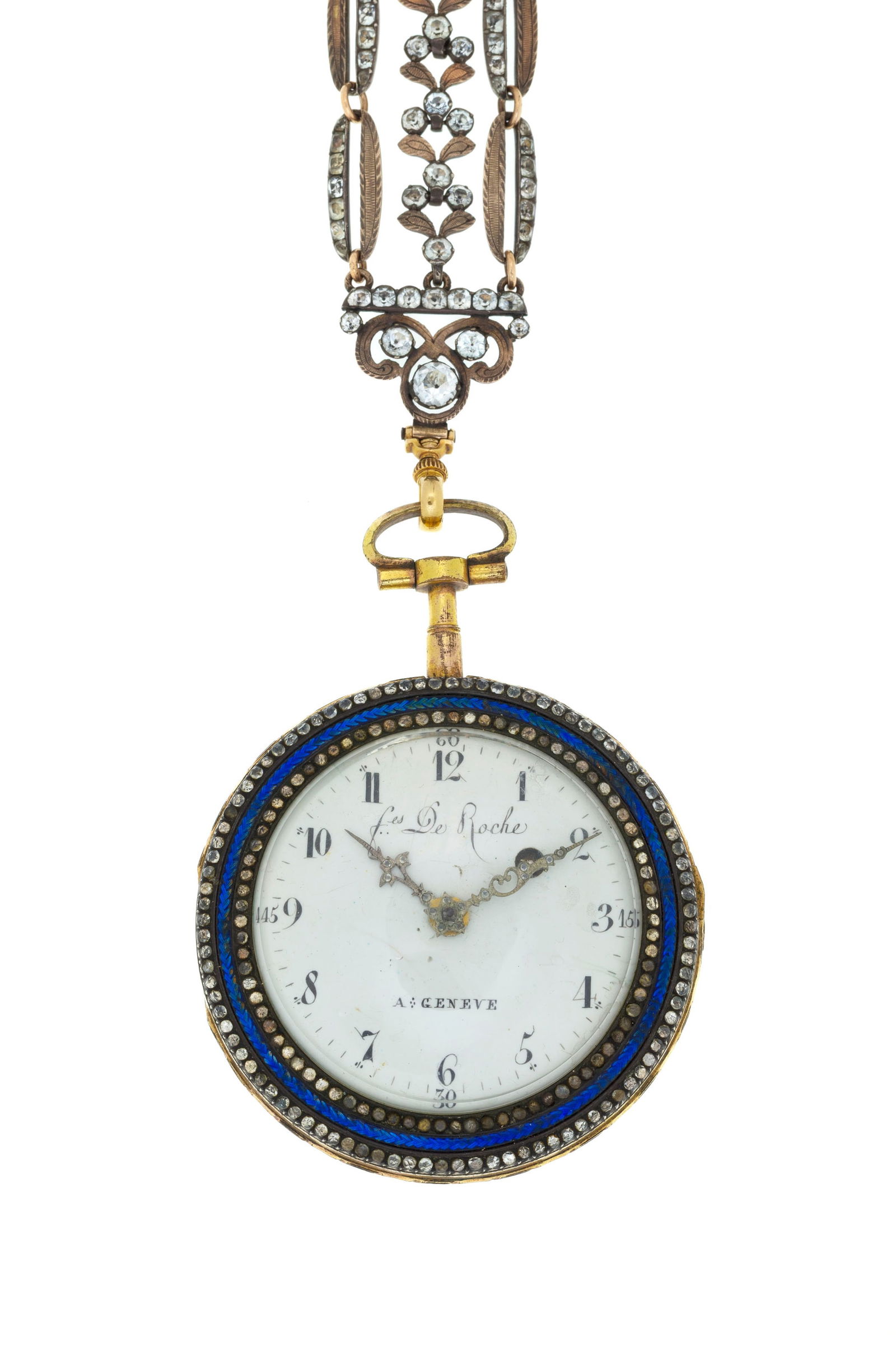De Roche à Genève, montre de poche en laiton et argent sertie de pâte de verre et orn: De Roche à Genève, montre de poche en laiton et argent sertie de pâte de verre et ornée d'une peinture sur émail, réhaussée d'une longue châtelaine en argent or