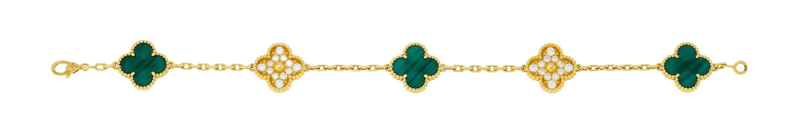 Van Cleef & Arpels, Alhambra, bracelet or 750 alternant des motifs en malachite ou sertis de diamant: Van Cleef & Arpels, Alhambra, bracelet or 750 alternant des motifs en malachite ou sertis de diamants taille brillant, signé, numéroté JB761254, long. 19 cm Condition Monture