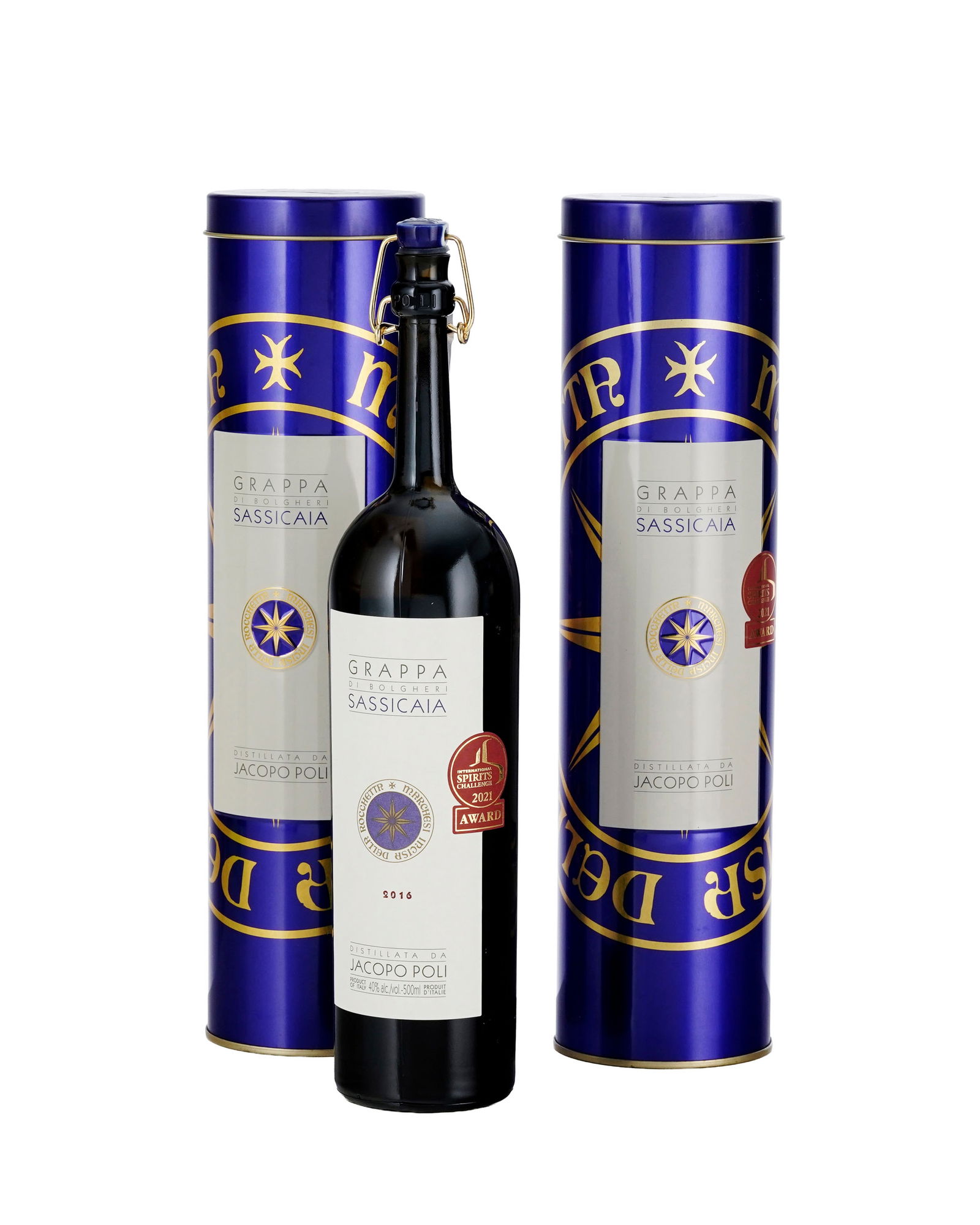 Sassicaia, Grappa Poli Jacopo, 2016, élevé en fûts de chêne Sassicaia, 2 bts de : Sassicaia, Grappa Poli Jacopo, 2016, élevé en fûts de chêne Sassicaia, 2 bts de 50cl, coffrets d'origine