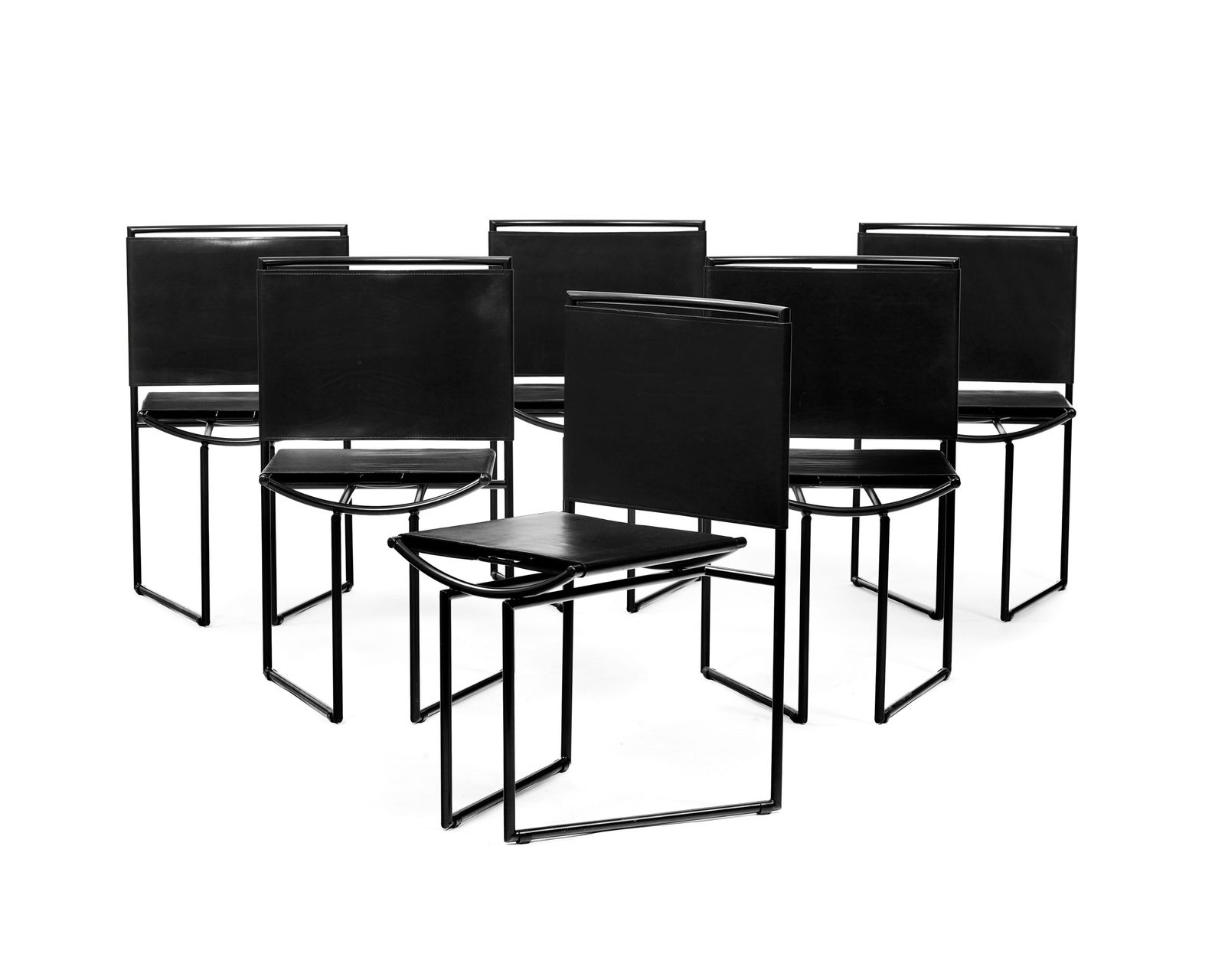 Suite de 6 chaises Botta 91 par Mario Botta (né en 1943), probablement édition Alias, en a: Suite de 6 chaises Botta 91 par Mario Botta (né en 1943), probablement édition Alias, en acier et cuir teintés noir, modèle créé en 1991 pour le 700ème anniversaire